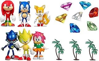 Classic Sonic and Friends 15 Piece Figure Play Set Featuring Sonic Figures, Themed Palm Trees and Sonic Themed Gems