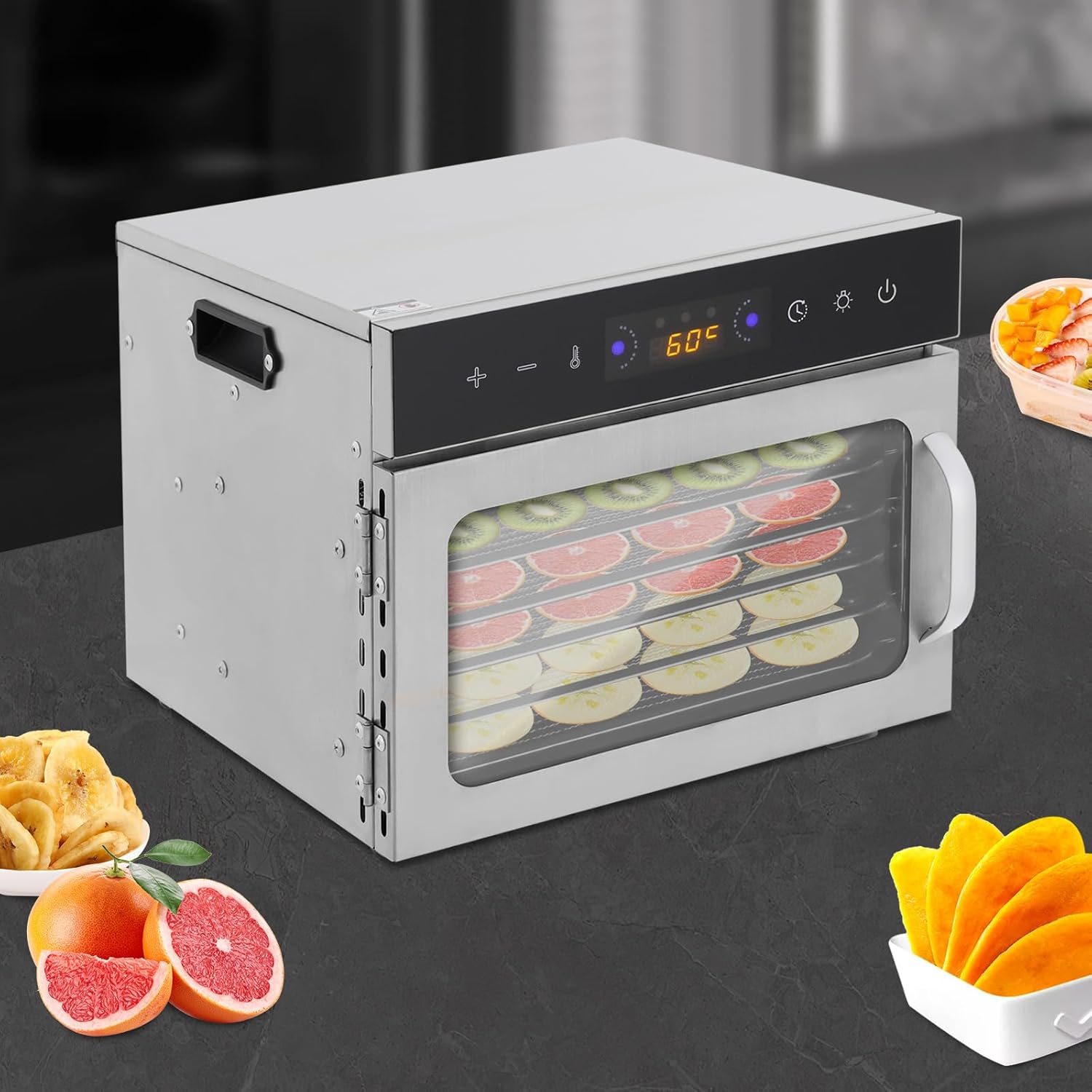 Food Dehydrator 400W Stainless Steel 6 Trays Food Dehydrator Machine, Food Dryer with 24H Timer Adjustable Temperature for Jerky Herb Meat Fruit