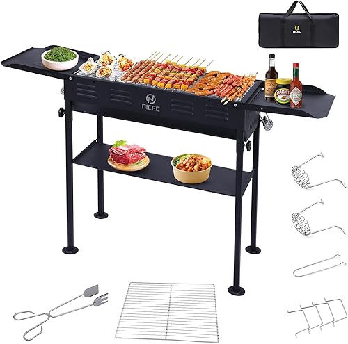Nice C Parrilla plegable, carbón portátil, brocheta de carbón Kabob, mesa auxiliar, inoxidable, bolsa de transporte, picnic, patio (negro)