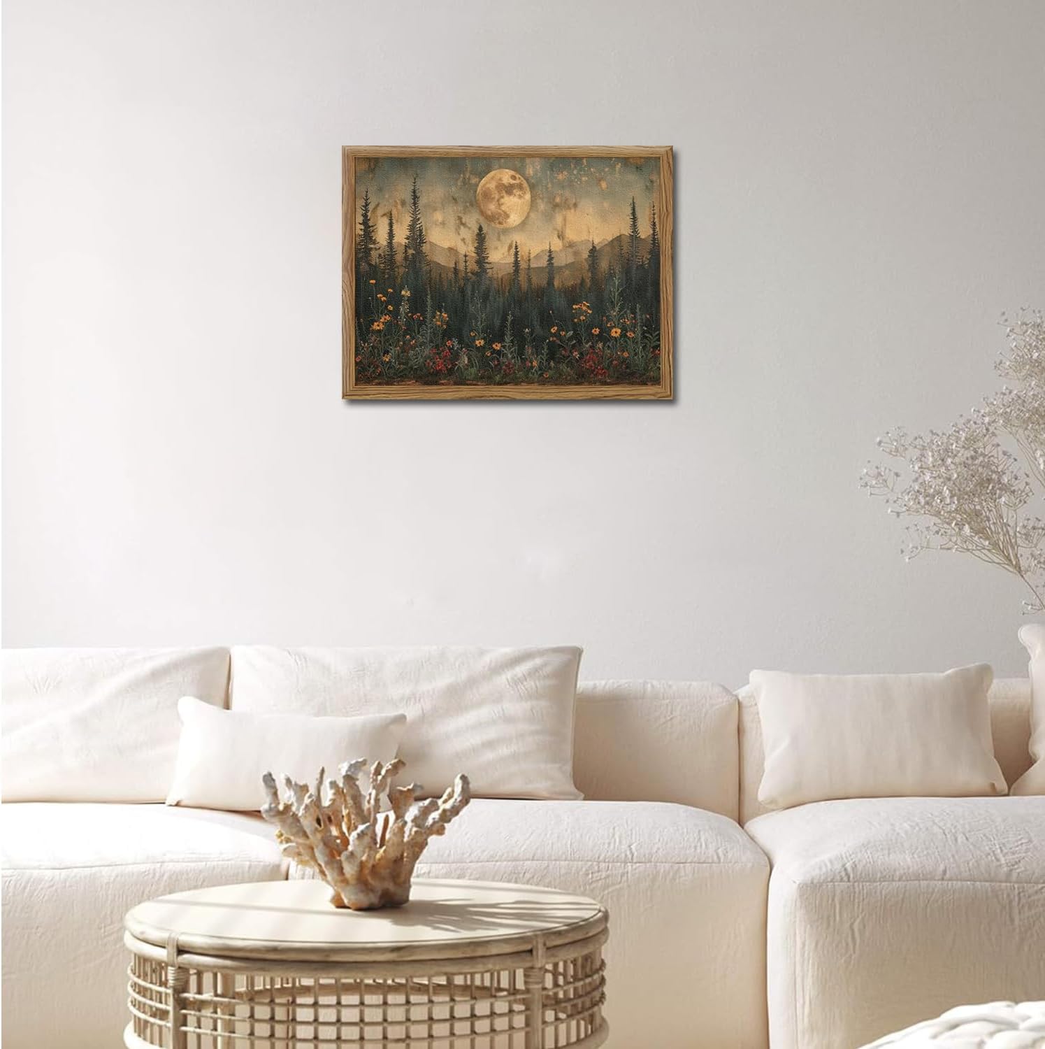 Vintage Moon Forest Wall Art, 3D Textured Nature Landscape Wall Decor Paintings, Hand Drawn Sandstone Woodland Wildflower Picture Prints Artwork for Bedroom Living Room 12x16 inch Wood Framed 16L" x 12W" Dark image 3 of 7 B0F13KP7S2