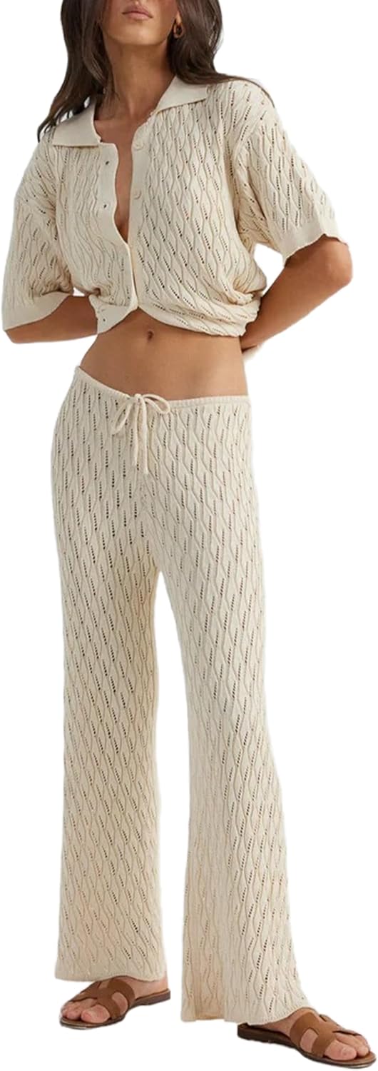 Summer Outfits for Women Button Short Sleeve Top and Wide Leg Pants Matching Lounge Set