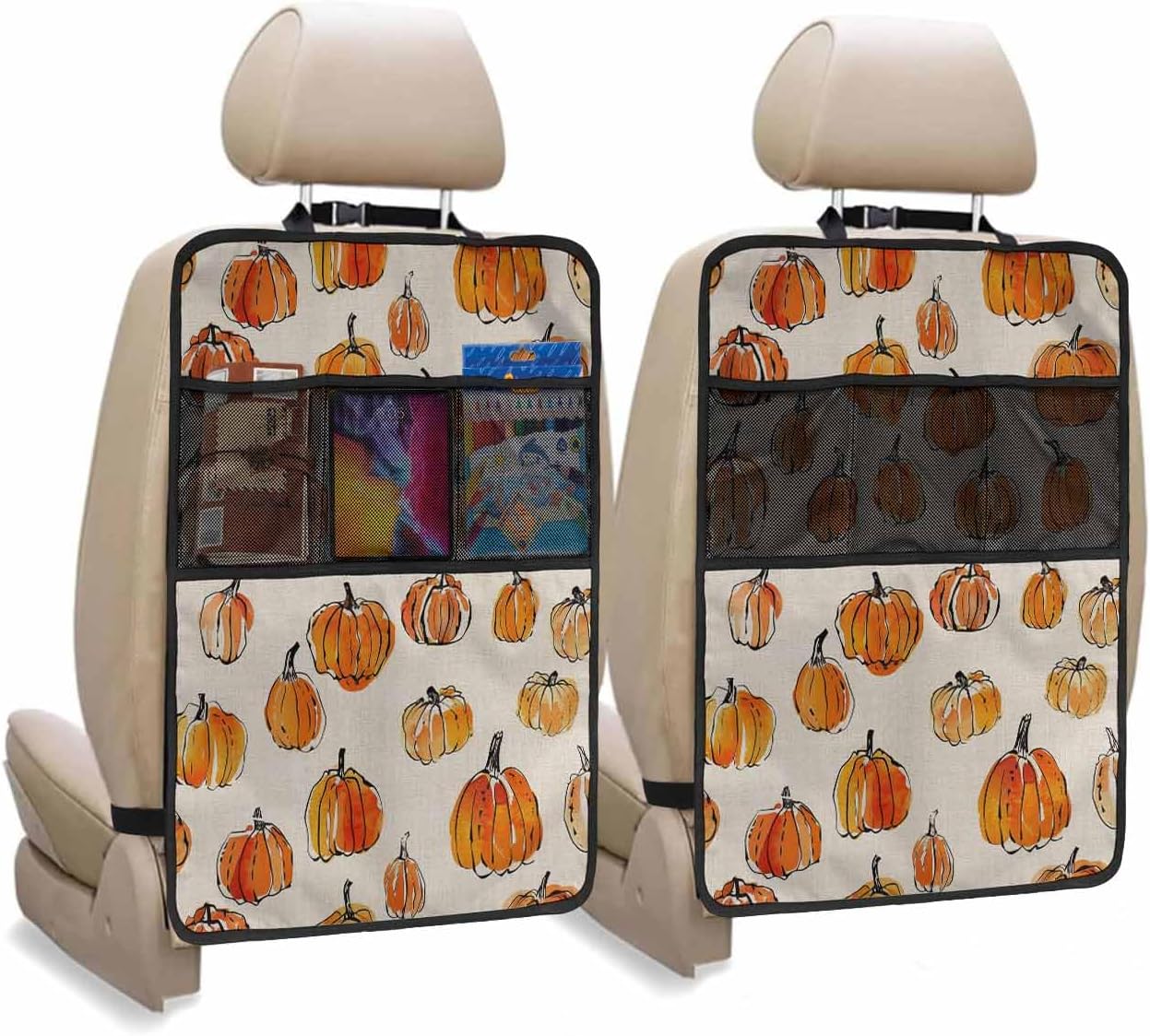 T&H XHome Car Seat Protector, 2 Pack Kick Mats Back Seat Protector Fall Thanksgiving Pink Pumpkin Simple Lines Linen Waterproof Backseat Cover for Kids Universal Fit Automotive Interior Protectors