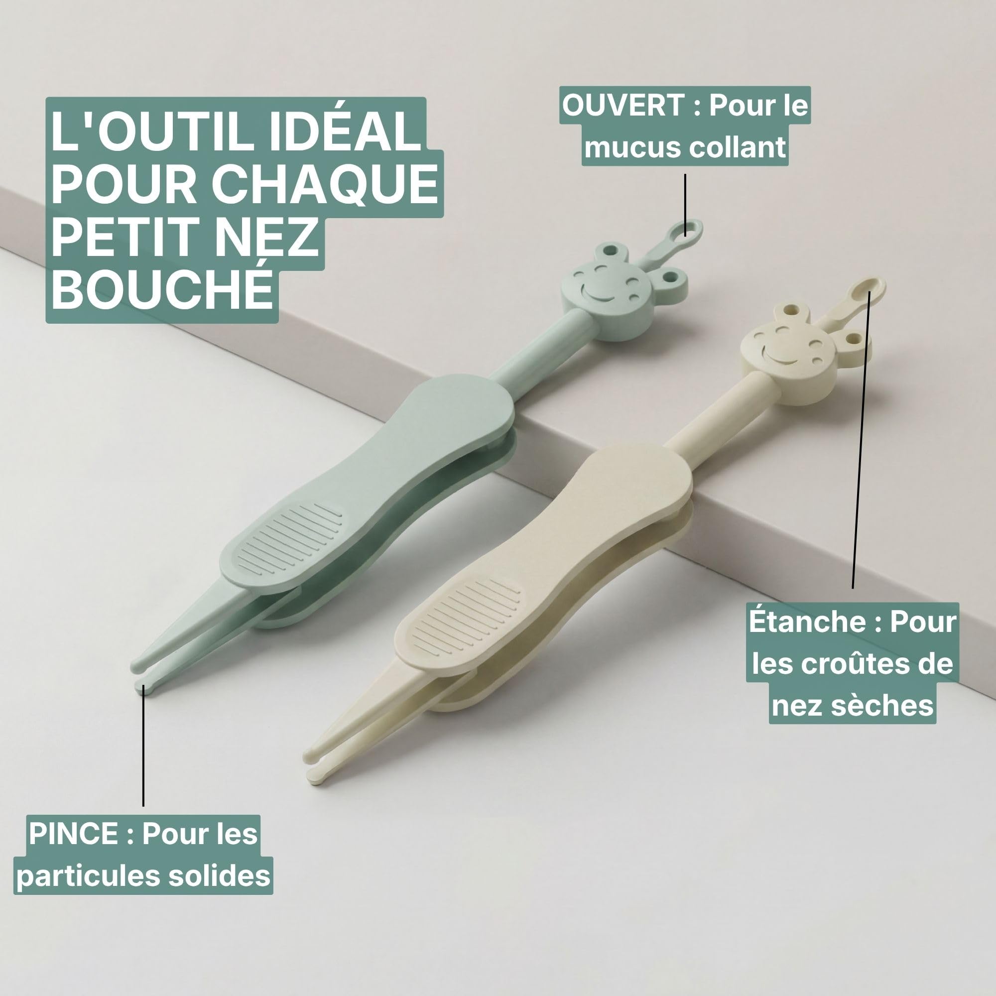 Nettoyeur de nez et d'oreilles pour bébé avec pince incluse - Alternative 3-en-1 au mouche-bébé et à la poire nasale - Sans BPA - Vert/Beige