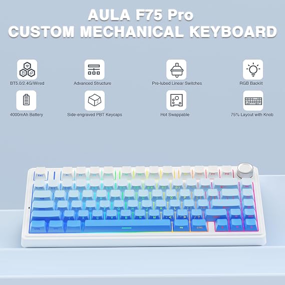 Aula F75 Mekanik RGB TKL Seiya Switch Kablosuz Makrolu Hot Swap Klavye Gradyan Mavi
