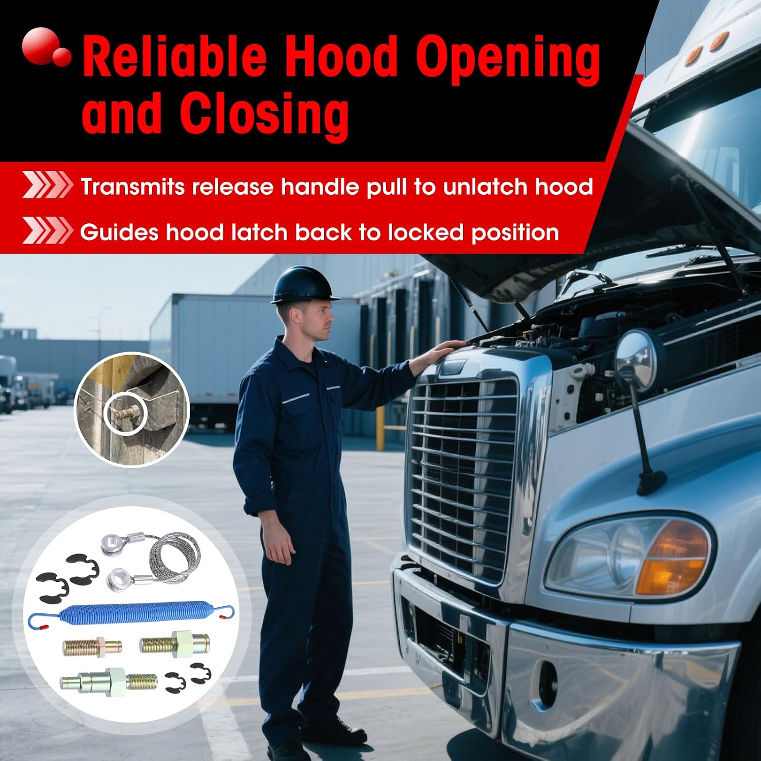 2PCS Hood Springs, Cable and Stud Bolts w/Retaining Rings Fit for Peterbilt 357,377 & 379 Series (1987-2008) Trucks, Replace 13-03761, 13-03663, L92-6000-0718, 13-04638, 13-03662