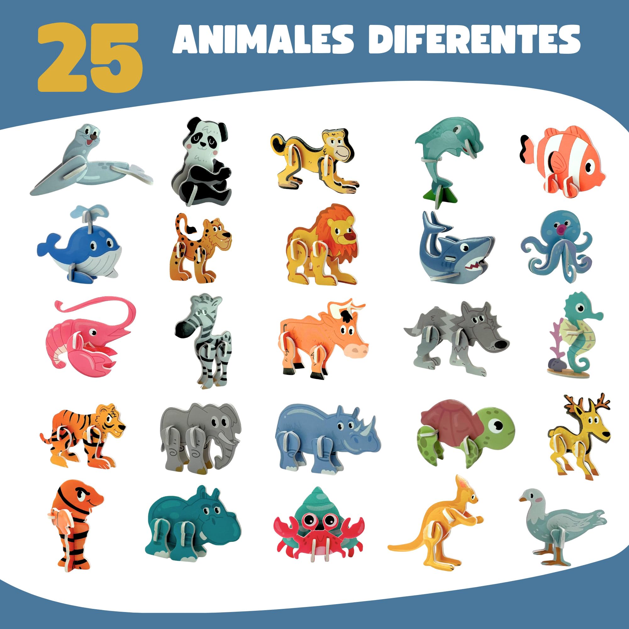 Set 25 Puzzles 3D para Niños – Actividad Educativa y Creativa – Regalitos Originales para Fiestas, Piñatas y Cumpleaños Infantil – Regalo Ideal para Invitados y Colegios (Animales)