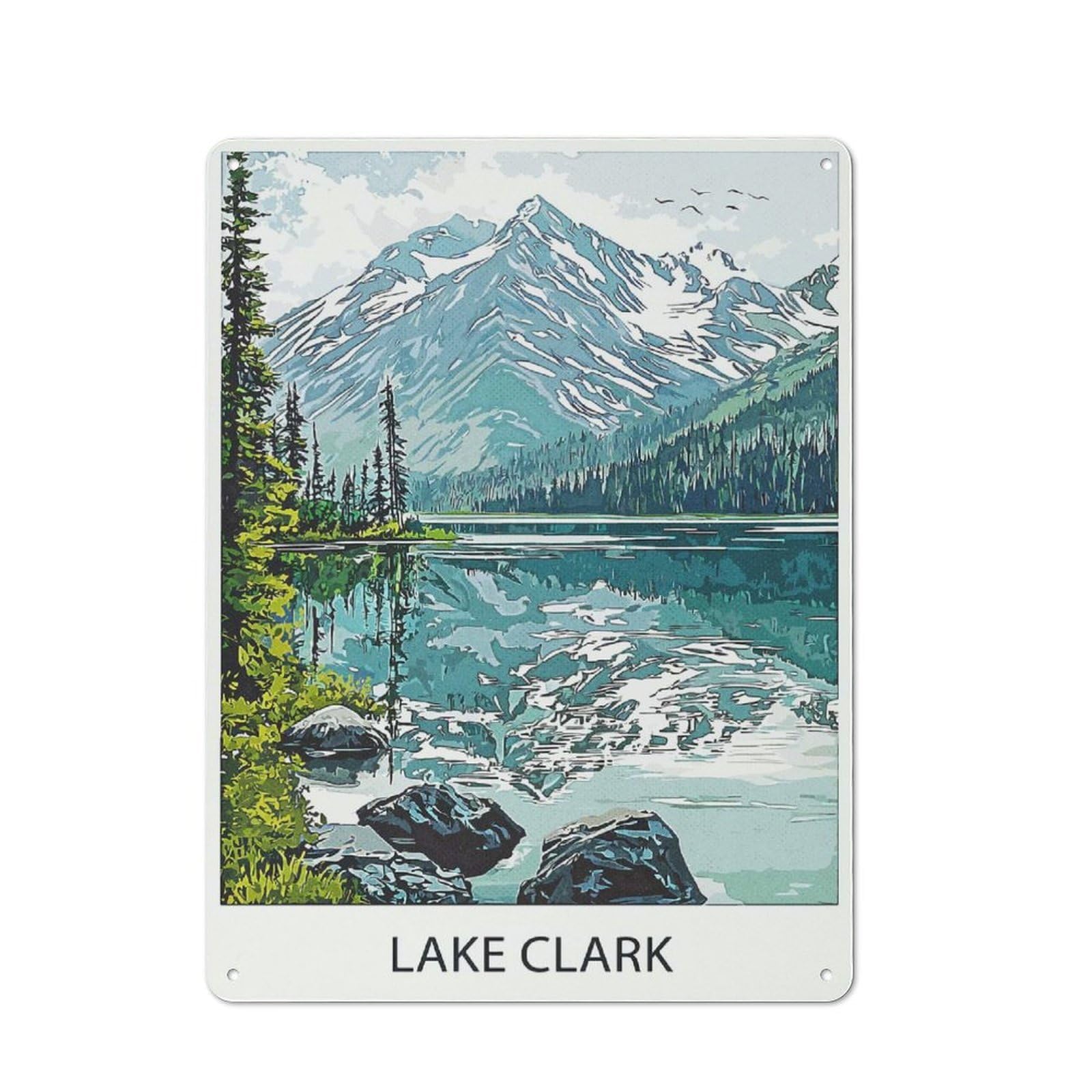 Junmoney Style-13 Lake Clark Mountain View Rustic Tin Sign 40X30cm For Lounge Or Reading Corner, For Metal Sign Collectors, For Cafés, Pubs And Restaurants