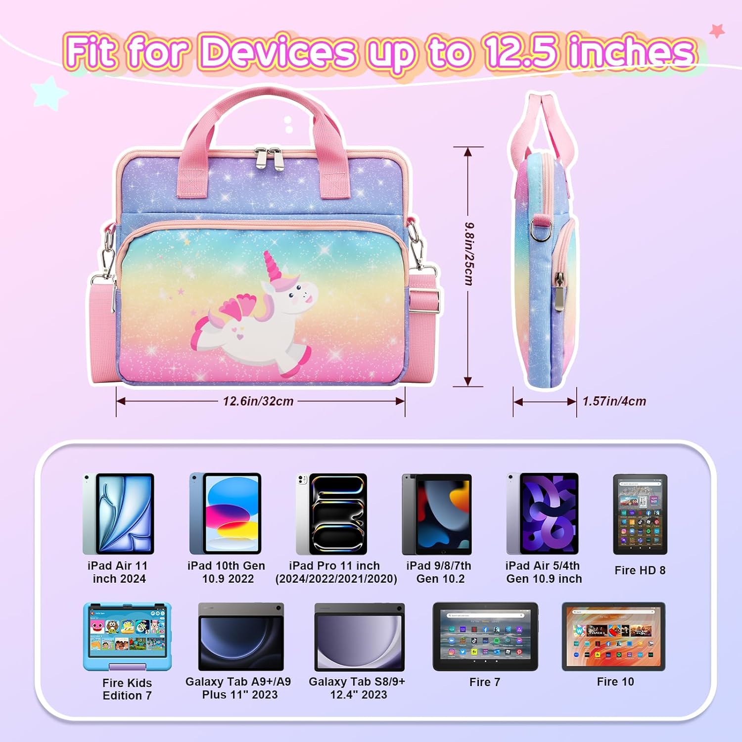 TiMOVO Tablet Sleeve Bag, 12.5 Inch Tablet Carrying Bag with Shoulder Strap for e-Reader/iPad, Shining Unicorn - Image 2