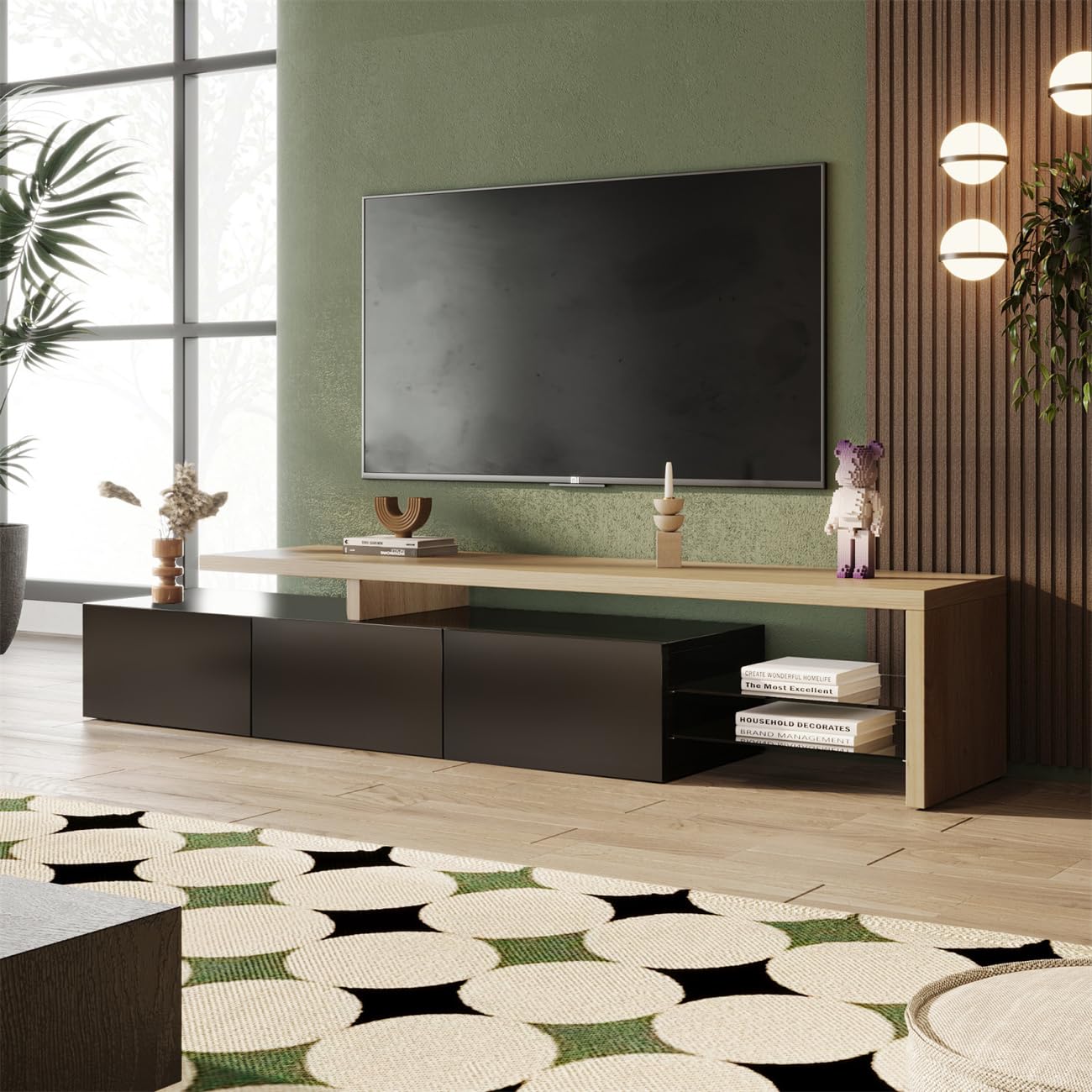 Mobiletto TV LED 200 cm, Mobili TV con Ripiano in Vetro, Mobile TV da Soggiorno, Panca TV Moderna in Legno con 3 Armadietti, Armadio Basso Soggiorno per Interni, Nero