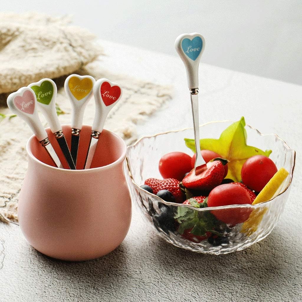 大さじ 5ピースステンレススチールコーヒースプーンとフォーク、ハート型セラミックハンドルとベース付き、デザート、前菜、ケーキ、紅茶、