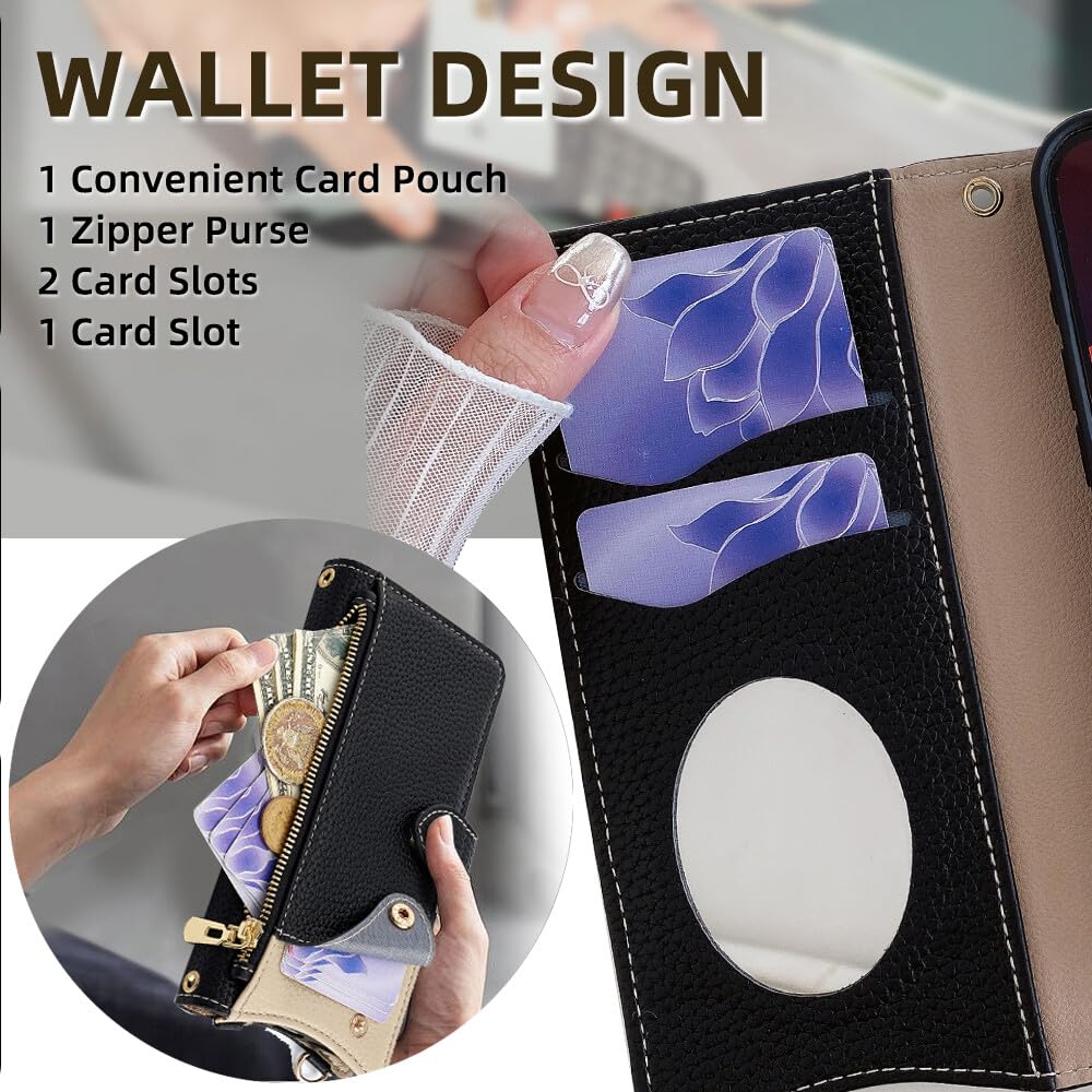Generic Funda compatible con Samsung Galaxy A25 5G (color: negro), correa de cadena, cremallera, cartera de piel, con tapa trasera, espejo