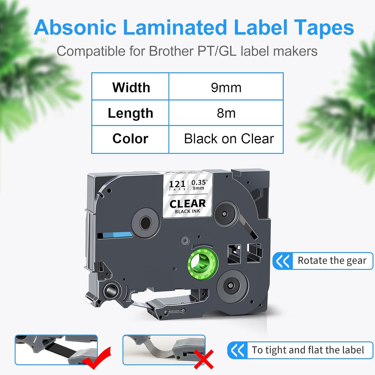 Absonic TZ-121 9mm 0.35 Laminated Clear Label Tape Replacement for Brother TZe-121 TZe Tape 3/8 inch Black on Clear Tape for Ptouch Label Maker PT-D400 PT-D600 PT-D210 PT-H110 PT-H100 PTD-220, 6-Pack - Image 2