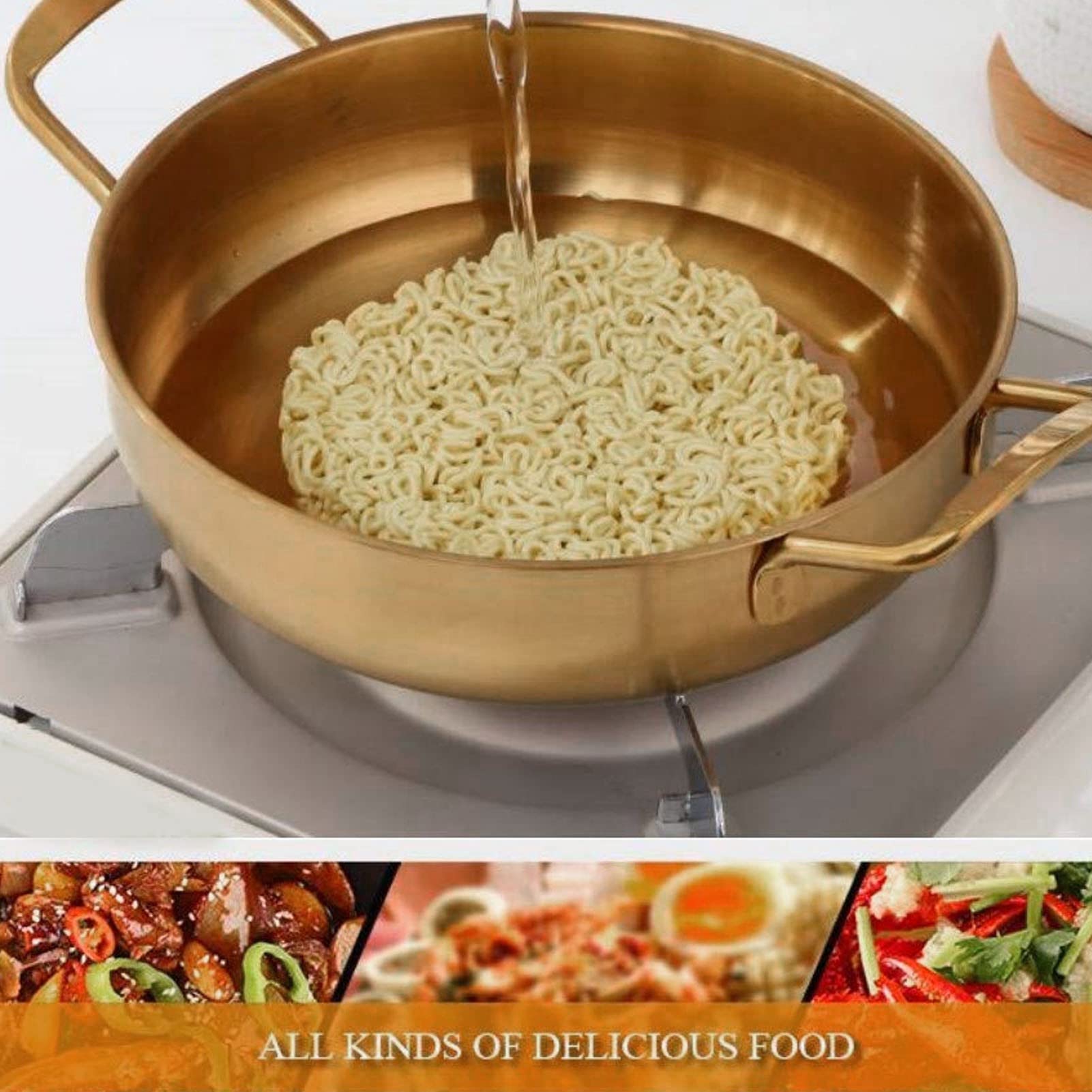 Pentola per ramen dorata, pentole piccole per cucinare Pentola per stufato Pentola in acciaio inossidabile Pentola per zuppa Pentola per pasta Pentola per ramen coreana (Diametro interno 26 cm)