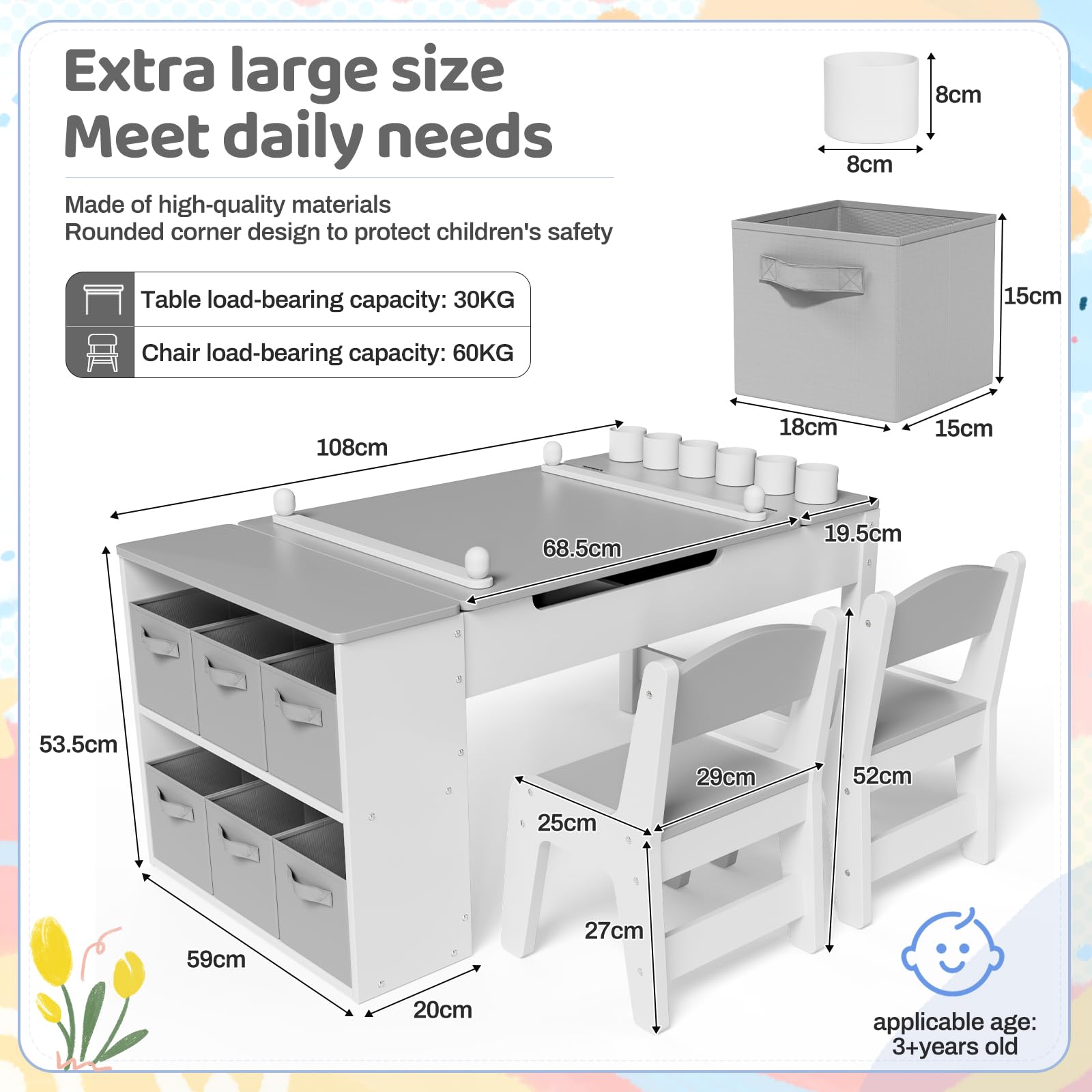 MAMIZO Mesa y Sillas Infantiles Madera con 2 Sillas, Mobiliario Infantil con Espacio de Almacenaje para Niños a Partir de 3 Años, Mesa de Pintura para Habitación Infantil, Sala de Juegos (Gris)