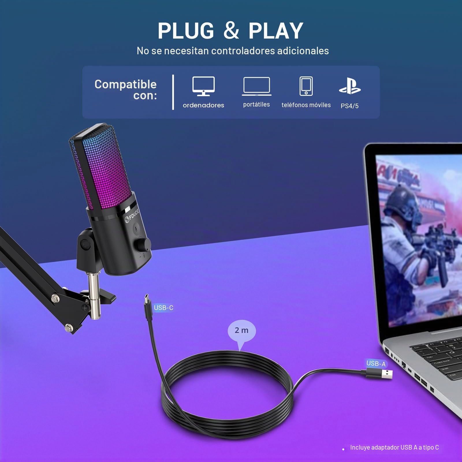 FDUCE Kit de micrófono USB para juegos para PC,micrófono de condensador RGB con conector para monitor,silencio rápido,control de ganancia,filtro pop,brazo de micrófono para streaming,podcasting,juegos