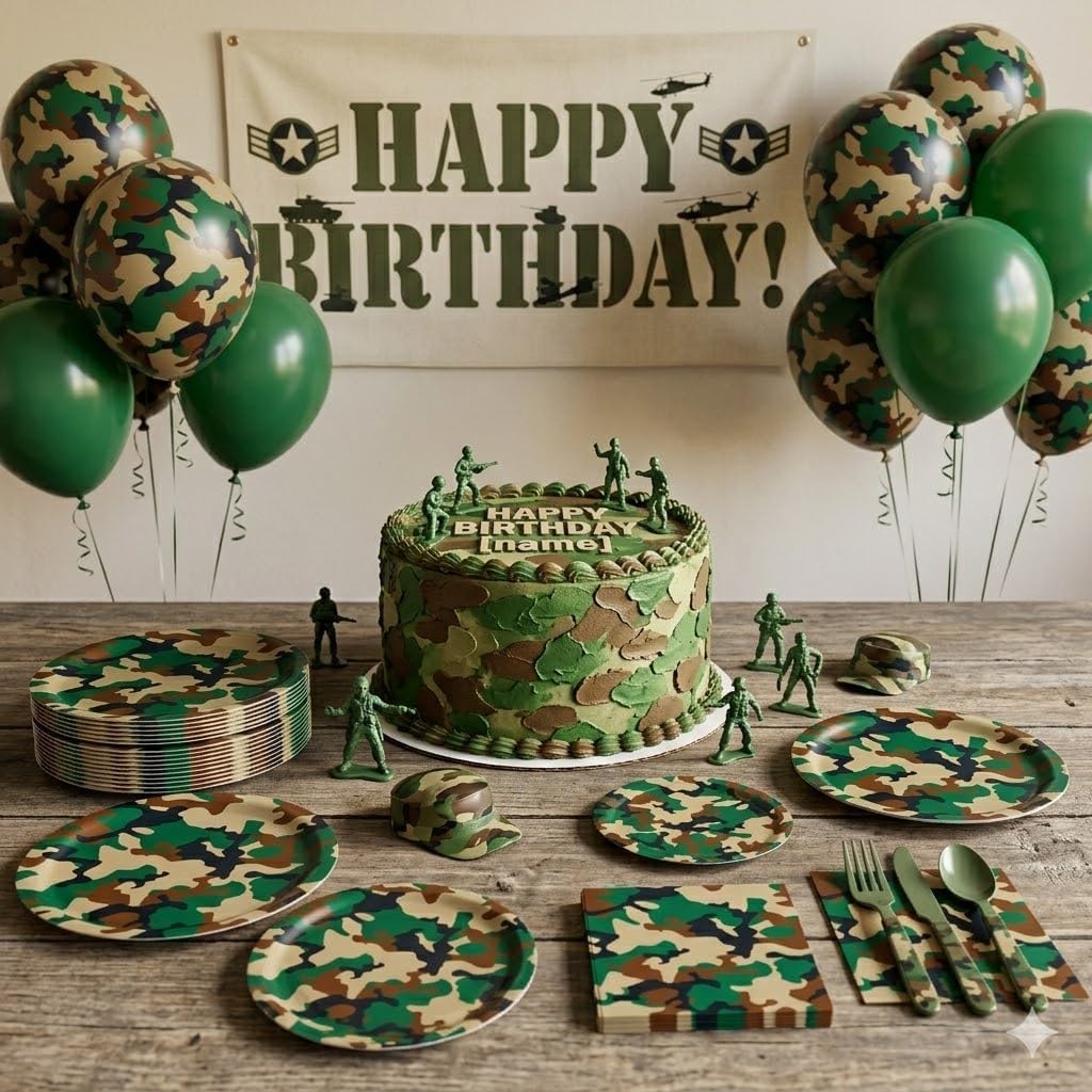 150PCS Camo Birthday Party Supplies for 50 Guests, Camouflage Paper Plates and Napkins Set, Army Military Theme Party Decorations with 9" Dinner Plates, 7" Dessert Plates and Napkins