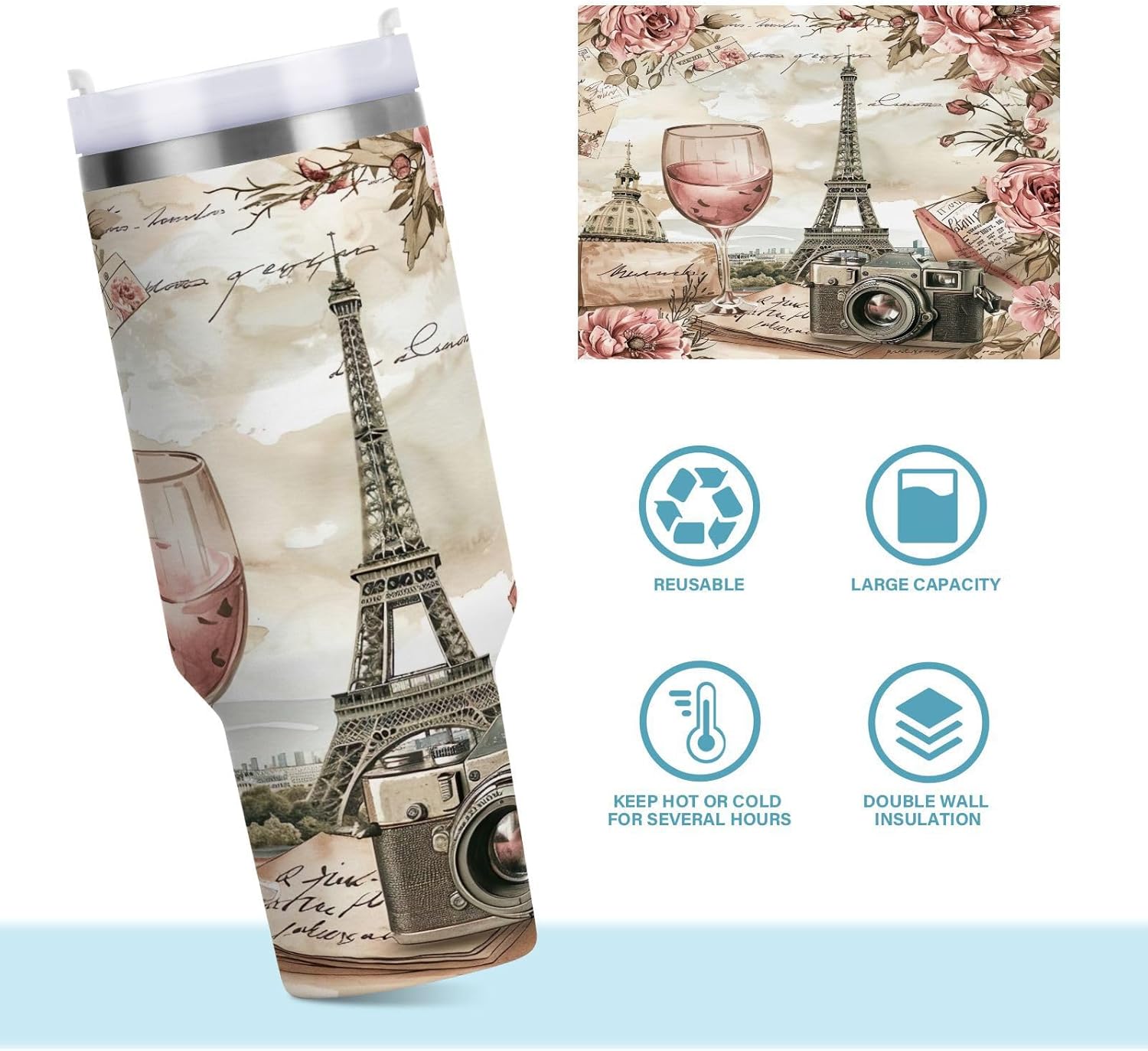 YETTASBIN Paris Eiffel Tower 40 oz Tumbler with Handle, Stainless Steel Vacuum Insulated Sports Water Bottle, Leak-proof Travel Coffee Mug Cup with Lid and Straw for Water, Iced Tea or Coffee