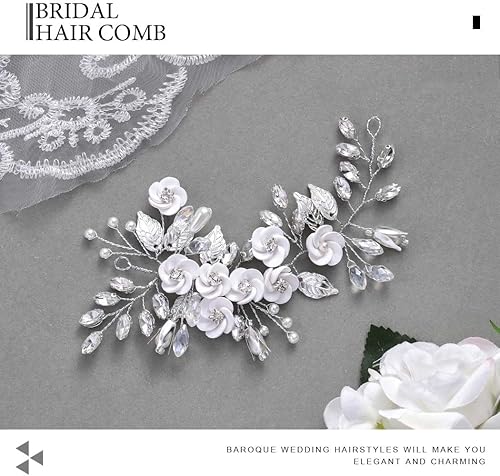 Miniatura 5 de Catery Flower Bride Wedding Hair Vine - Tocado de cristal plateado con hojas de novia, accesorios para el cabello para mujeres y niñas
