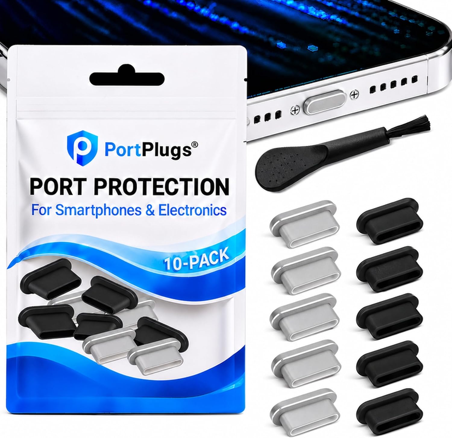 USB C Dust Plugs 10 Pack, 5 Aluminum and 5 Silicone, Cleaning Brush, Silver