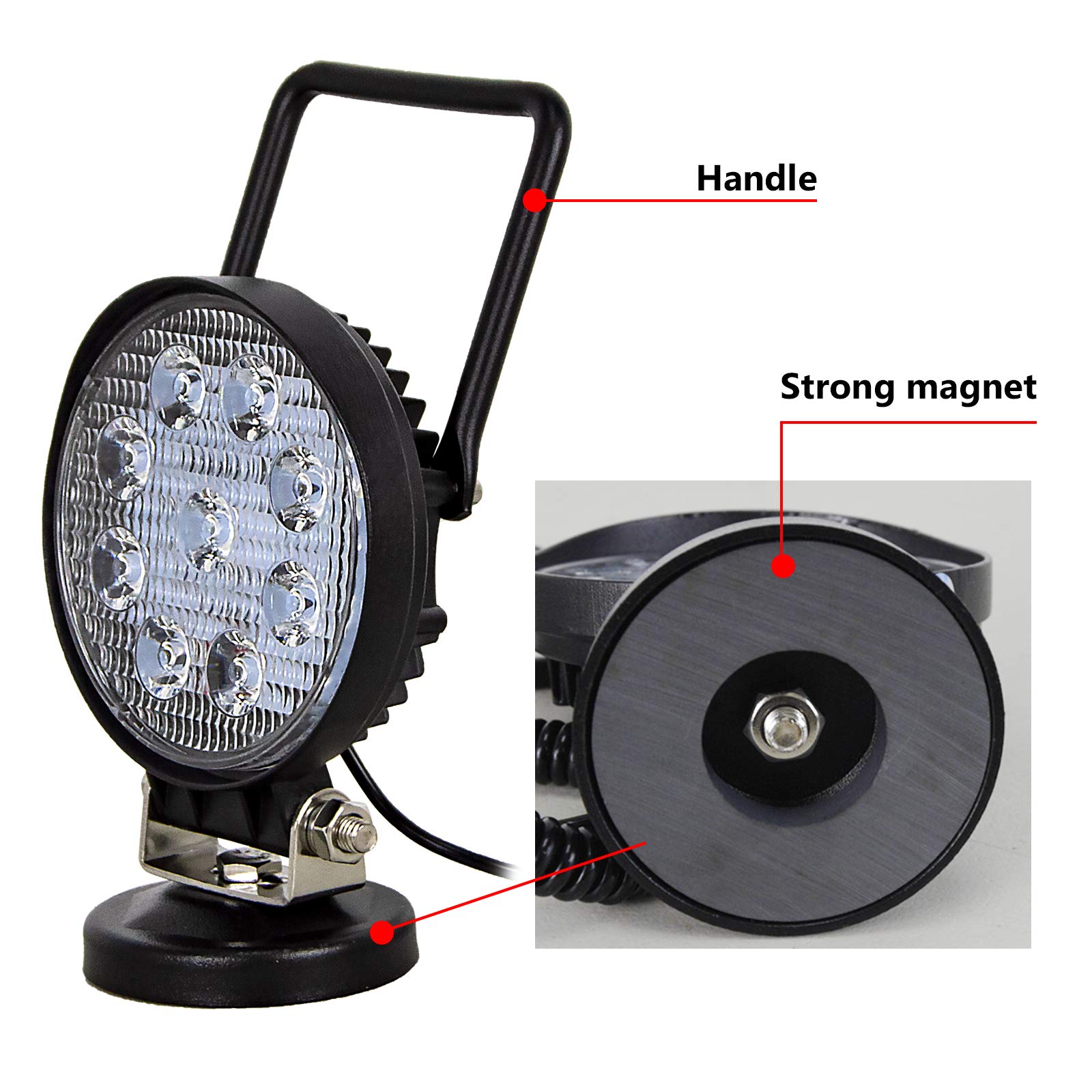 PICAA 2 luces LED luz de trabajo 4 pulgadas 27W portátil 12V 24V Foco Luz de trabajo impermeable Base magnética LED Faro para Tractor Remolcador Carretilla elevadora ATV Camión Offroad 4x4