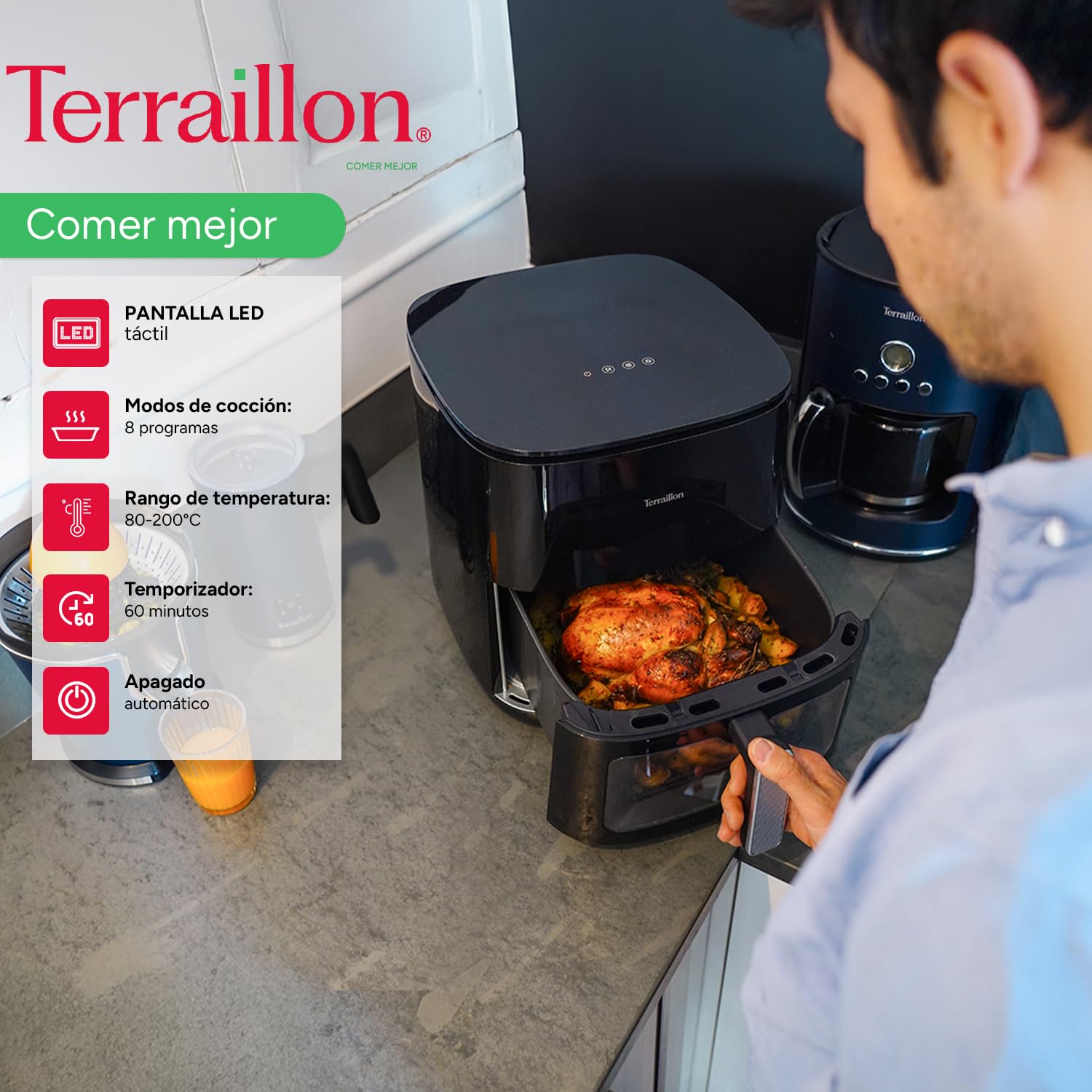 TERRAILLON – COOK&FRY XL 7L – Freidora sin aceite-freidora de aire – 2300 W – Doble resistencia para una cocción homogénea, sin PFAS – 8 programas – 80 °C a 200 °C – Pantalla LED táctil