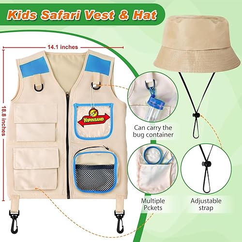 Vista 29 de Kit de explorador para niños y kit de atrapa insectos, equipo de campamento para niños, juego de exploración al aire libre con chaleco y sombrero