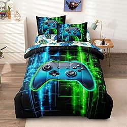 Leaflin Twin Size Bed in A Bag 5 Pieces Gaming Bedding Set for Boys Blue Gamer Comforter with Sheet Set for Kids Teen Cool Video Game Quilt Bedding Set (Green Blue)