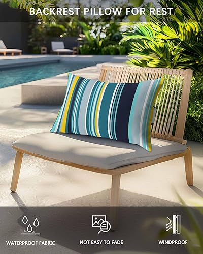 Miniatura 4 de Paquete de 4 fundas de almohada lumbares impermeables para exteriores, color verde azulado y negro, diseño de rayas de arte abstracto, para patio,
