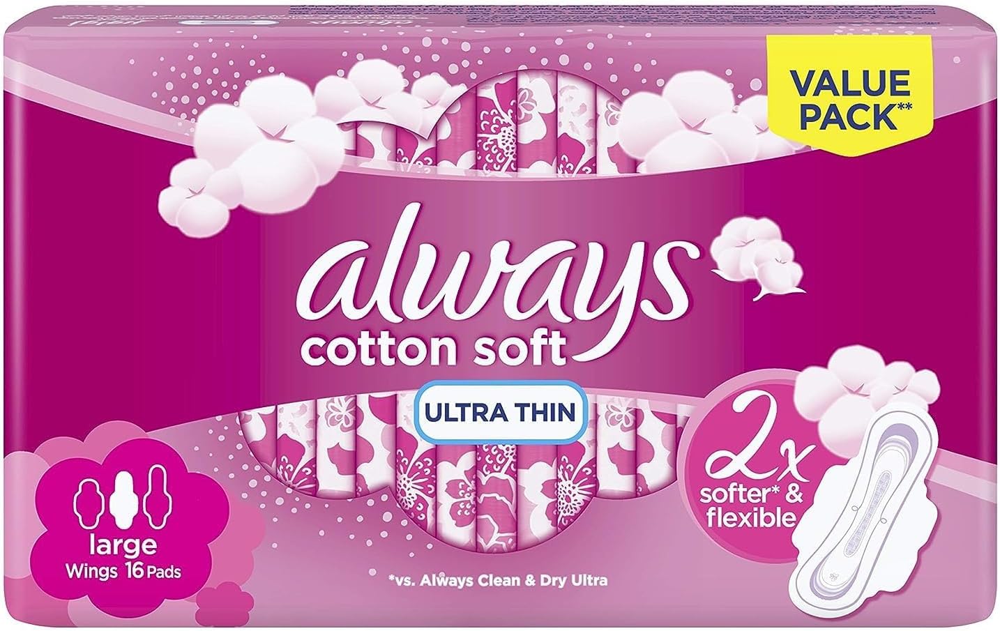 Always Cotton Soft Ultra Thin, Large Sanitary Pads, 16 Pads