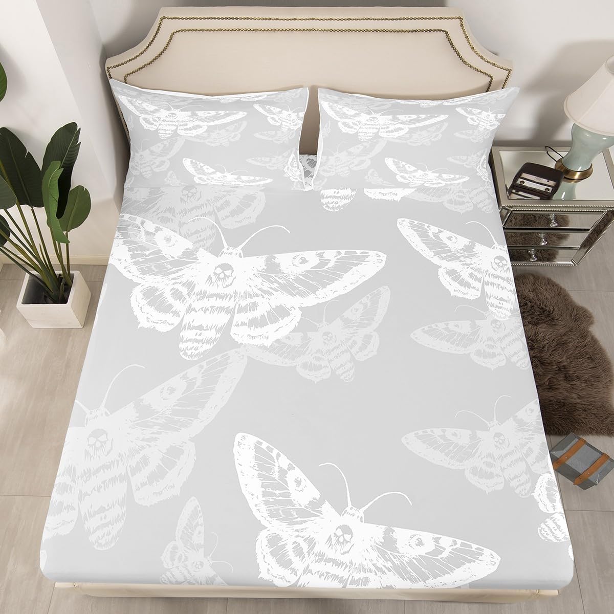 jejeloiu Boho Moth Bed Sheets Set Fitted Sheet Twin Size for Boys Girls