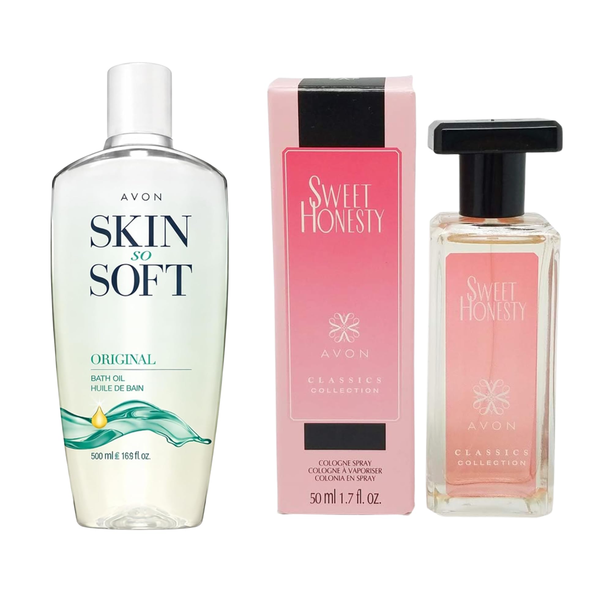 AVON Skin So Soft Original Bath Oil & Sweet Honesty Cologne Bundle – Jojoba Moisturizing Body Oil for Dry Skin, Floral Women's Perfume with Rose, Lily & Cedarwo