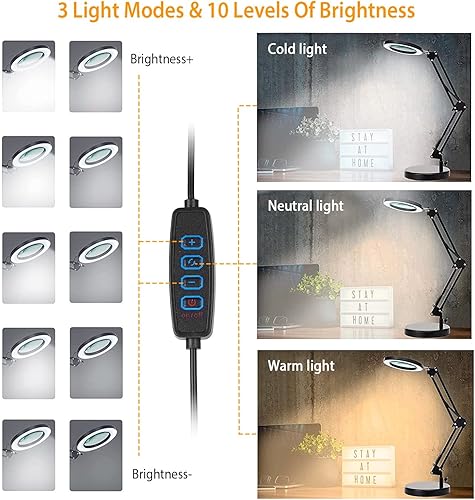 Miniatura 4 de Lupa con luz y soporte, lámpara de aumento Moclever 8x, lámpara de escritorio 2 en 1 y abrazadera, lámpara de manualidades con 10 modos de brillo, 3