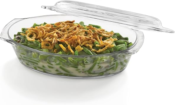 Libbey Bakers Basics Glass Casserole Dish, Stackable, Clear Versatile 1.6 Quart Casserole Bowl with Lid, Oval Baking Dish for Food Prep and Baking