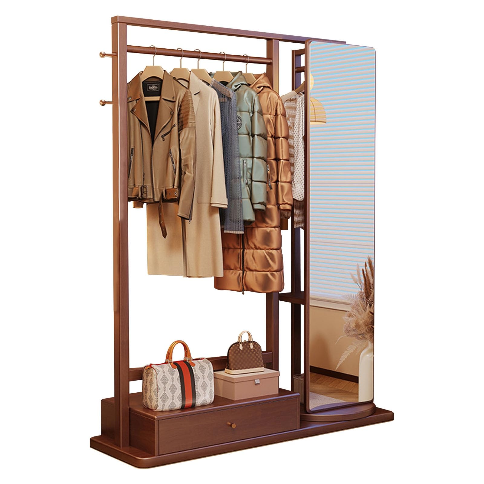 Portant à vêtements en métal robuste avec étagères et miroir de dressing gris