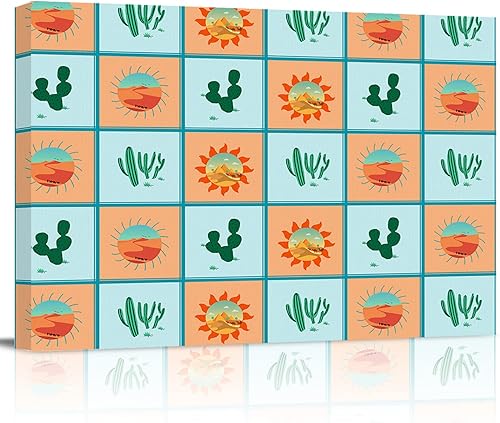 Shine-Home Cactus Wall Art for Living RoomBedroom, Cartoon Sun Desert Camel Plaid Teal Orange Canvas Bathroom Decor Wall Art Kitchen Office Framed