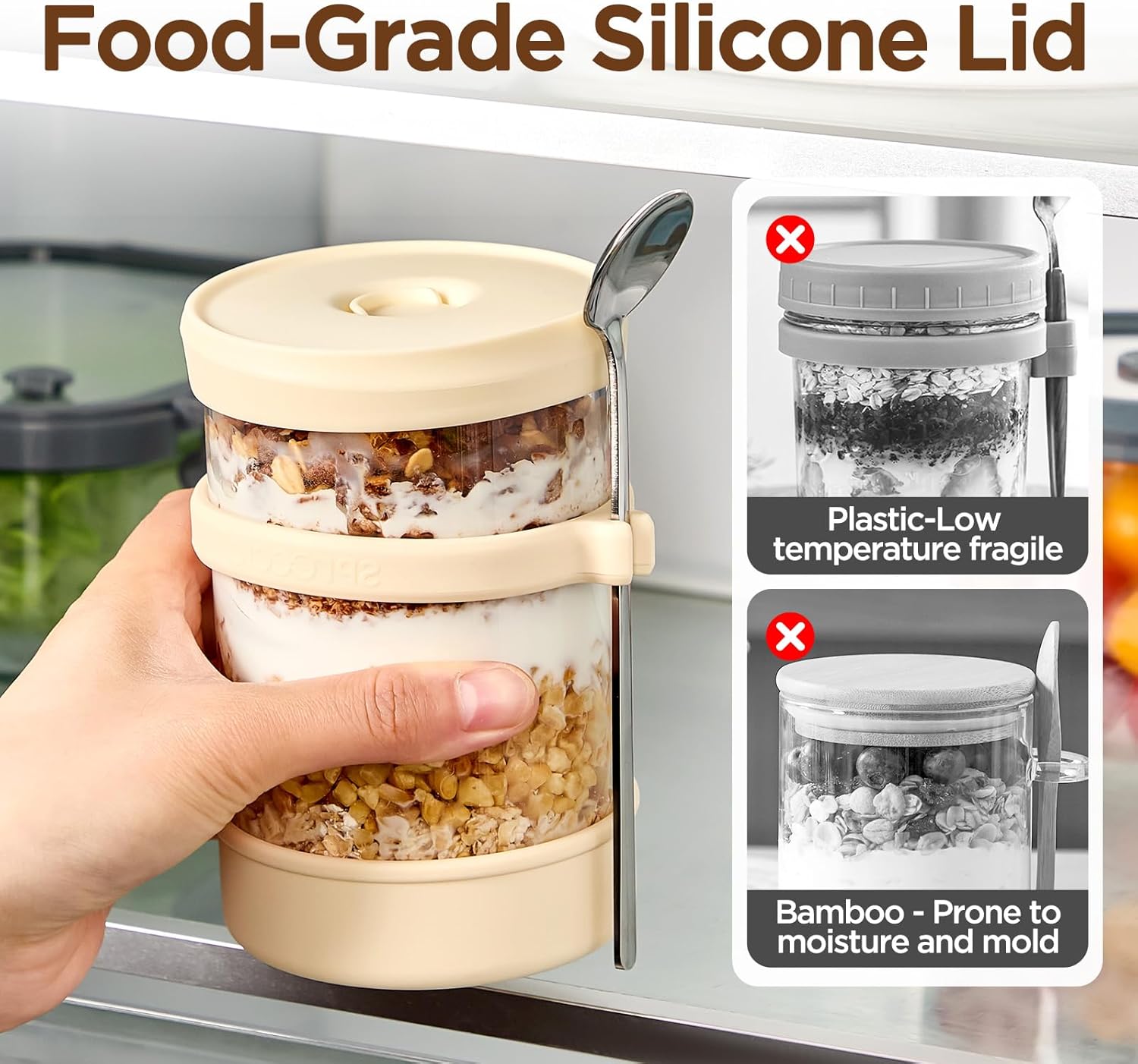 Glass Overnight Oats Containers with Lids of Silicone and Spoon 16 oz [4 Pack], Airtight Overnight Oats Jars with Silicone Lid, For Yogurt Containers Chia Pudding Jars Snack Spice (Multicolored) - Image 5