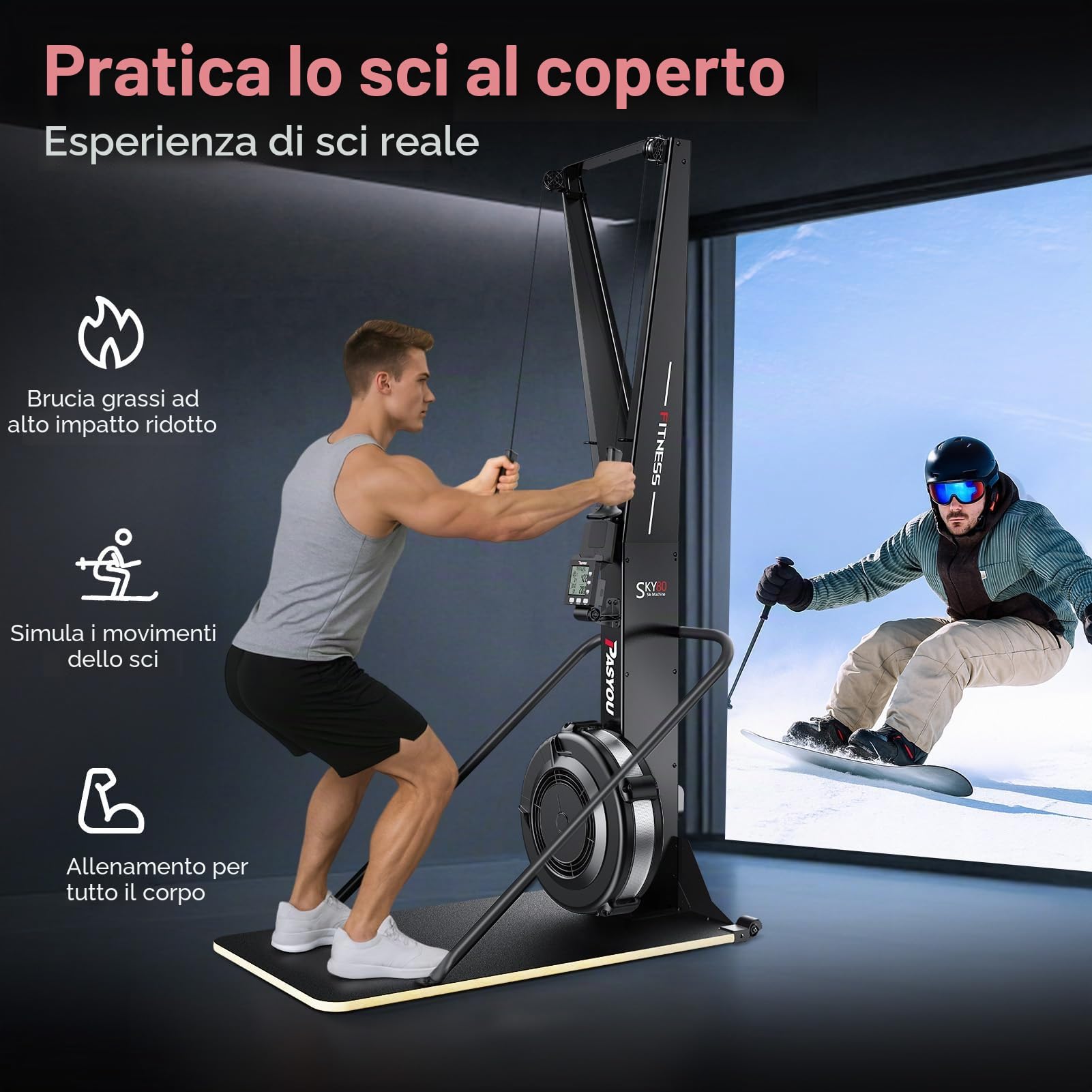 PASYOU Allenatore da Sci di Fondo – Resistenza Ad Aria Silenziosa, Schermo Elettronico, Allenamento Intensivo A Casa, Regolabile per Tutti I Livelli