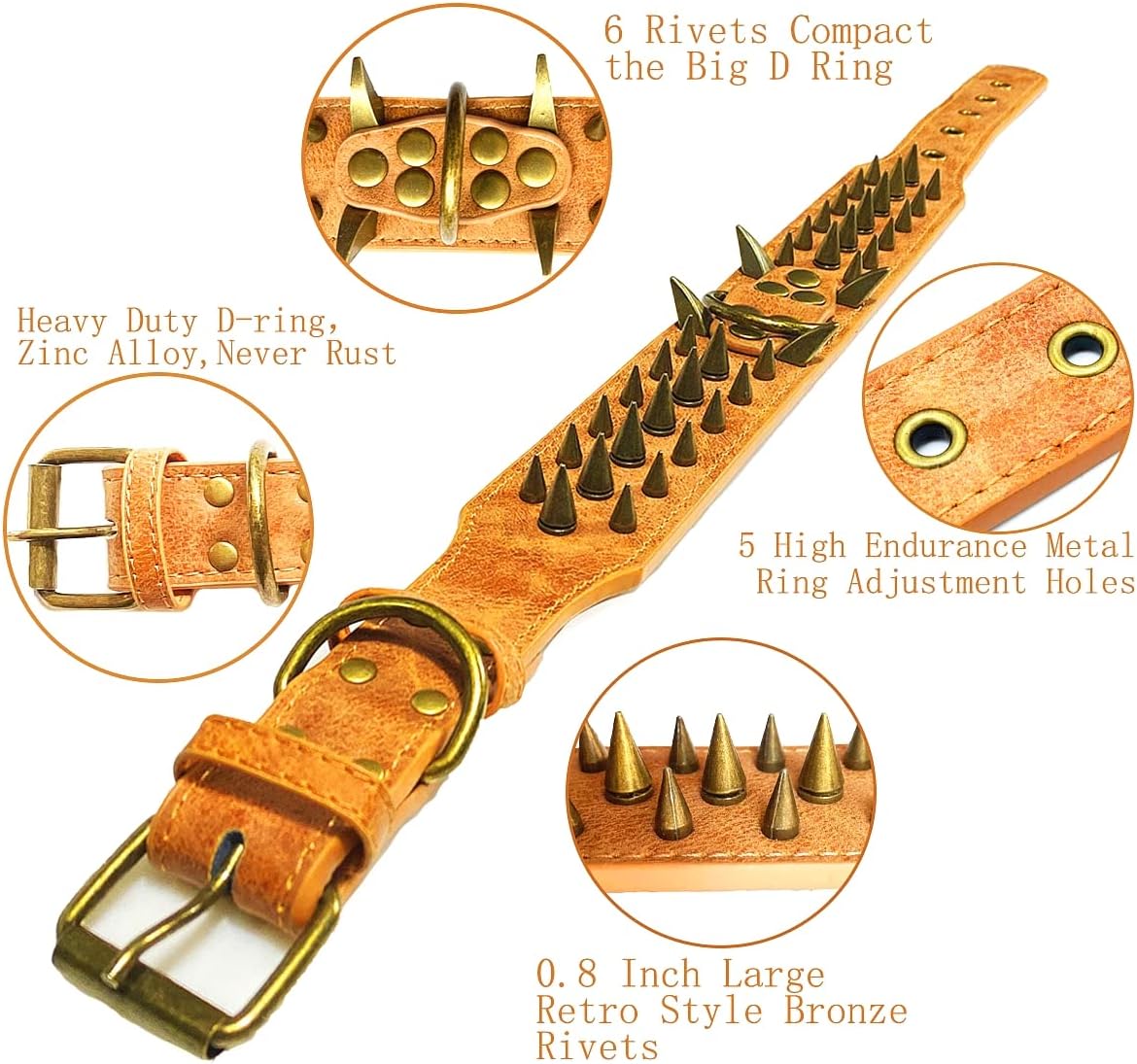 Spiked Studded Dog Collar with Large Sharp Spikes,2 Inch Wide Leather Dog Collar,Anti-bite,Fit Large Medium Dogs,Pitbull Doberman (L, Brown)