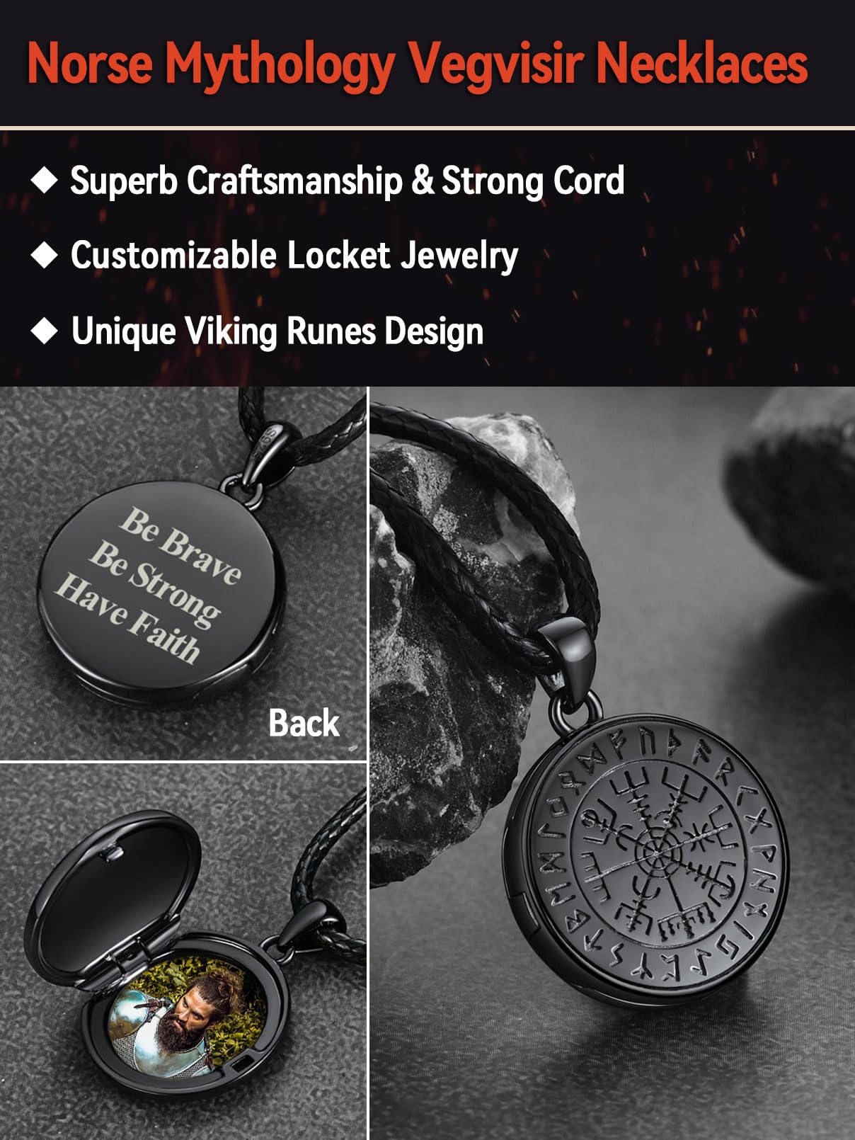 FaithHeart Personalisierter Kette Foto Medaillon Herren Damen 925 Silberkette/Kupferkette Wikinger Mjölnir Halskette mit Rune/Vegvisir/Keltisch Schmuck für Geburtstag Weihnachten