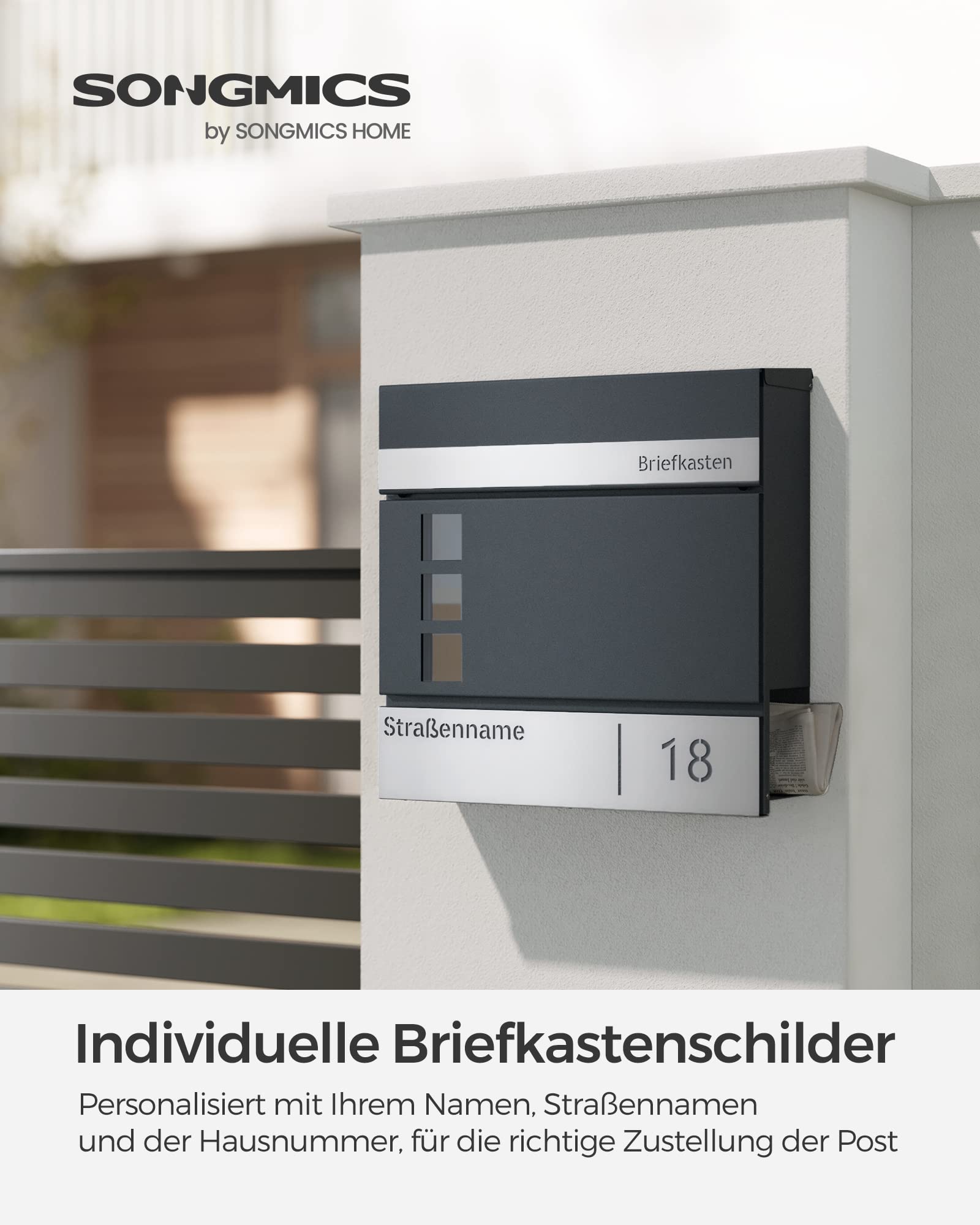 SONGMICS Briefkasten personalisiert, lasergraviertes Namensschild und Hausnummernschild, Postkasten, Zeitungsfach, V-förmiges Sichtfenster, Schloss, modern, anthrazit-silbern GMB081G01