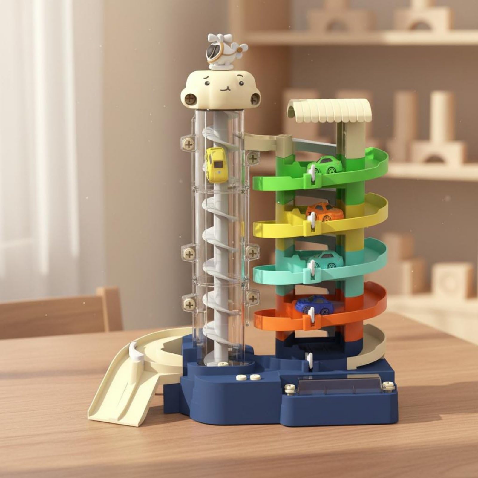 Kinder Parkspiel Garage Spielset Autorennbahn Fahrzeugrampe Parkhaus Elektrolift Elektronik mit Licht Und Musik für Geschenk An Kinder Zuhause Lernspiele, 5-Stöckiges Parkhaus