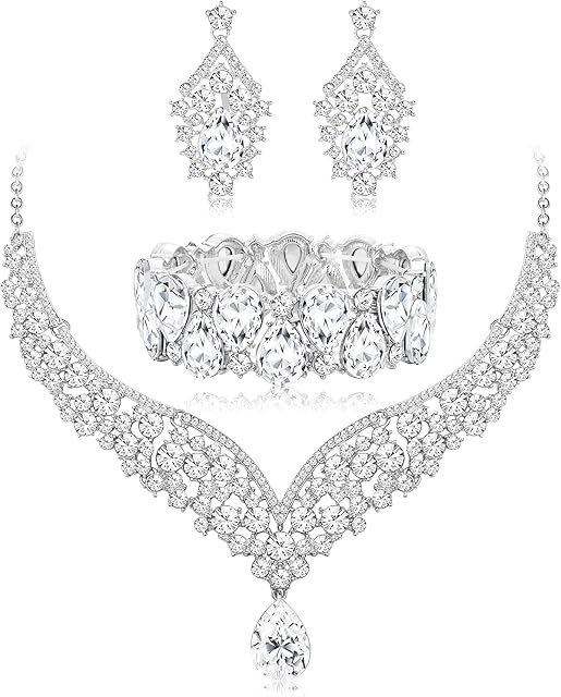ADRAMATA Crystal Wedding Bridal Jewelry Set for Women Prom Rhinestone Necklace Earrings Bracelet Wedding Bridesmaid Gifts Fit with Wedding Dress