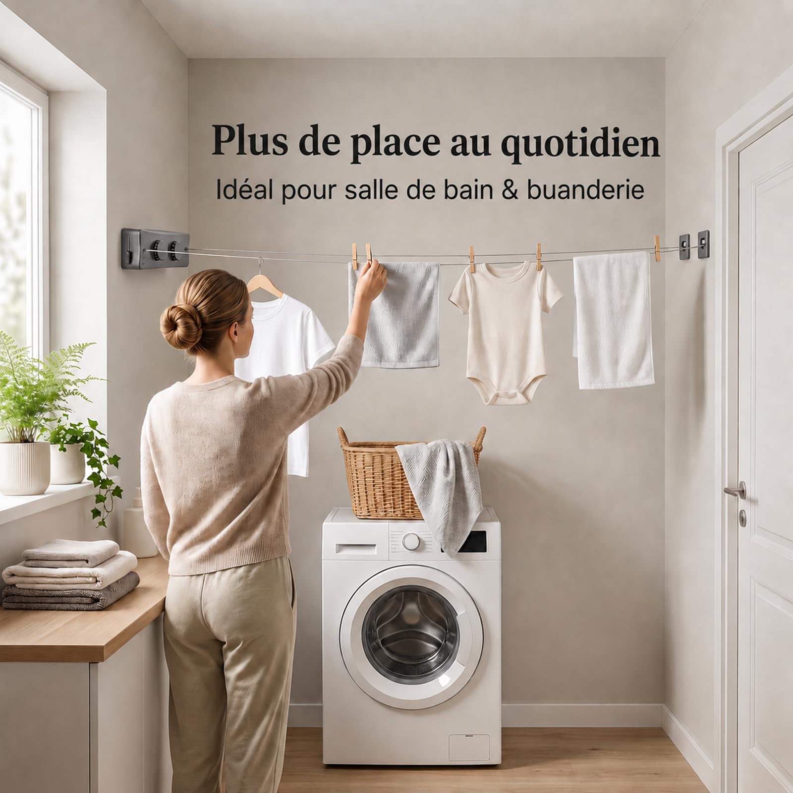 Corde à Linge Rétractable Murale 2 x 5 m avec Tendeur Intégré