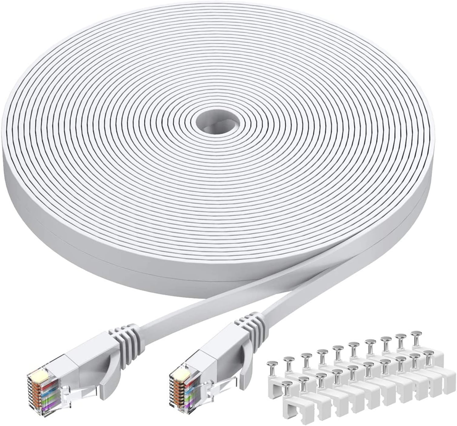 BUSOHE Cat6 Ethernet Cable 100 FT White, Cat-6 Flat RJ45 Computer Internet LAN Network Ethernet Patch Cable Cord - 100 Feet