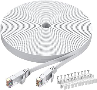 Cat6 Ethernet Cable 100 FT White, BUSOHE Cat-6 Flat Computer Internet LAN Network Ethernet Patch Cable Cord, RJ45 LAN Wire - 100 Feet