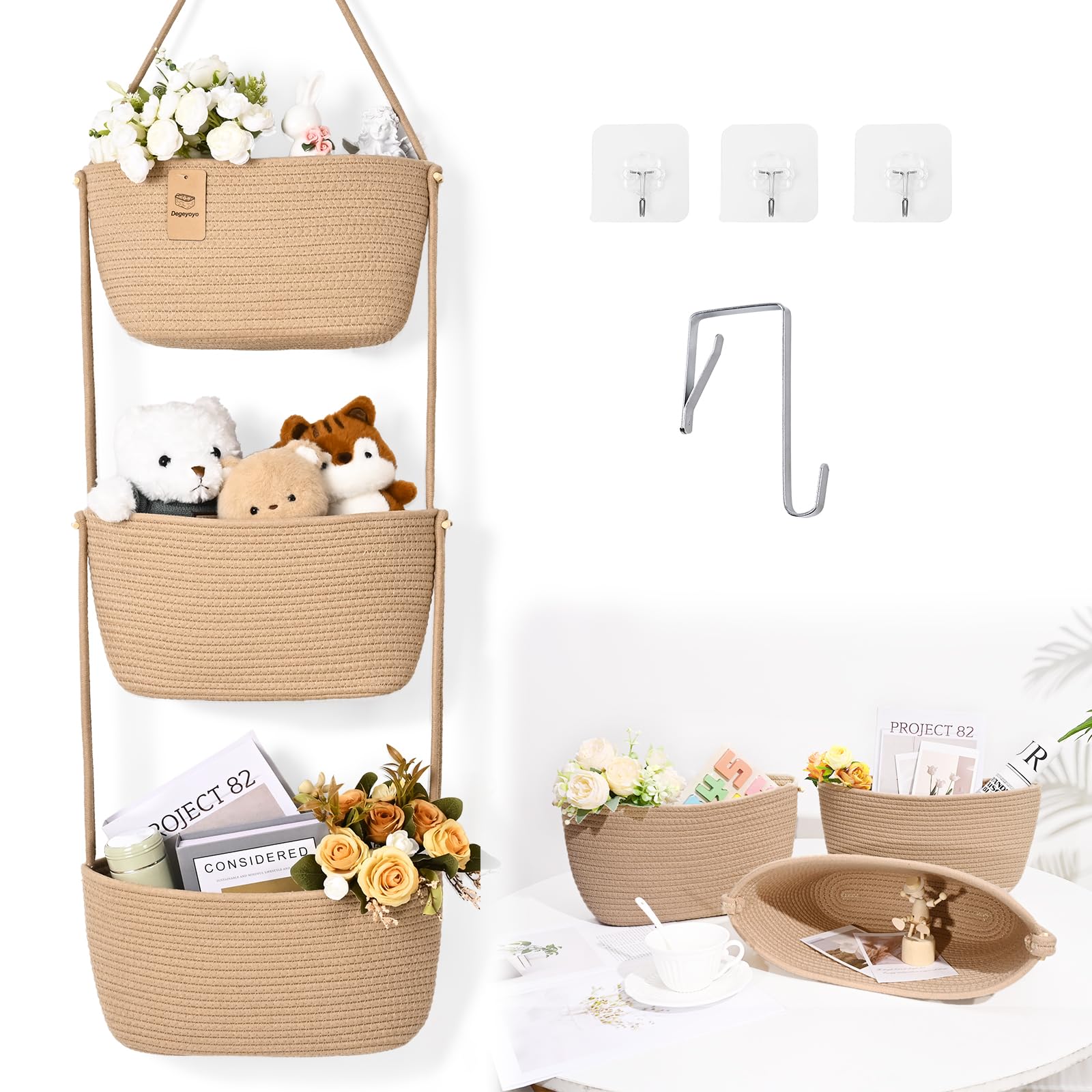 Hanging Basket, 3-Tier Woven Wall Basket with 4 Hooks, Cotton Rope Storage Baskets, Over the Door Organizer for Nursery, Bedroom, Cottage and Boho Wall Decor