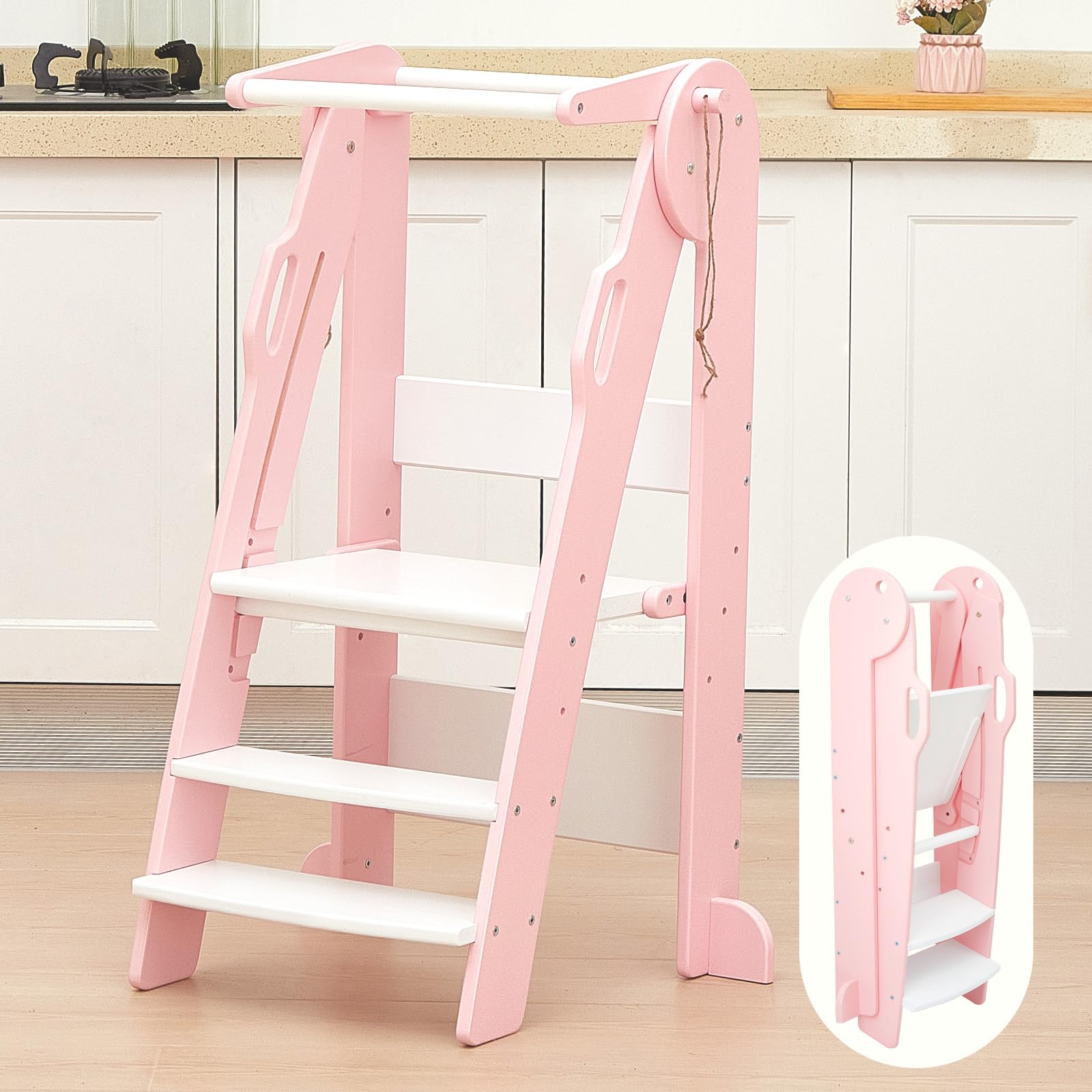 FUNLIOFoldable Kitchen Step Stool, 3-Level Height Adjustable Toddler Tower for Kids 2-6 Years, Montessori Child Standing Tower for Learning, Easy to Assemble, CPC Approved - Pink