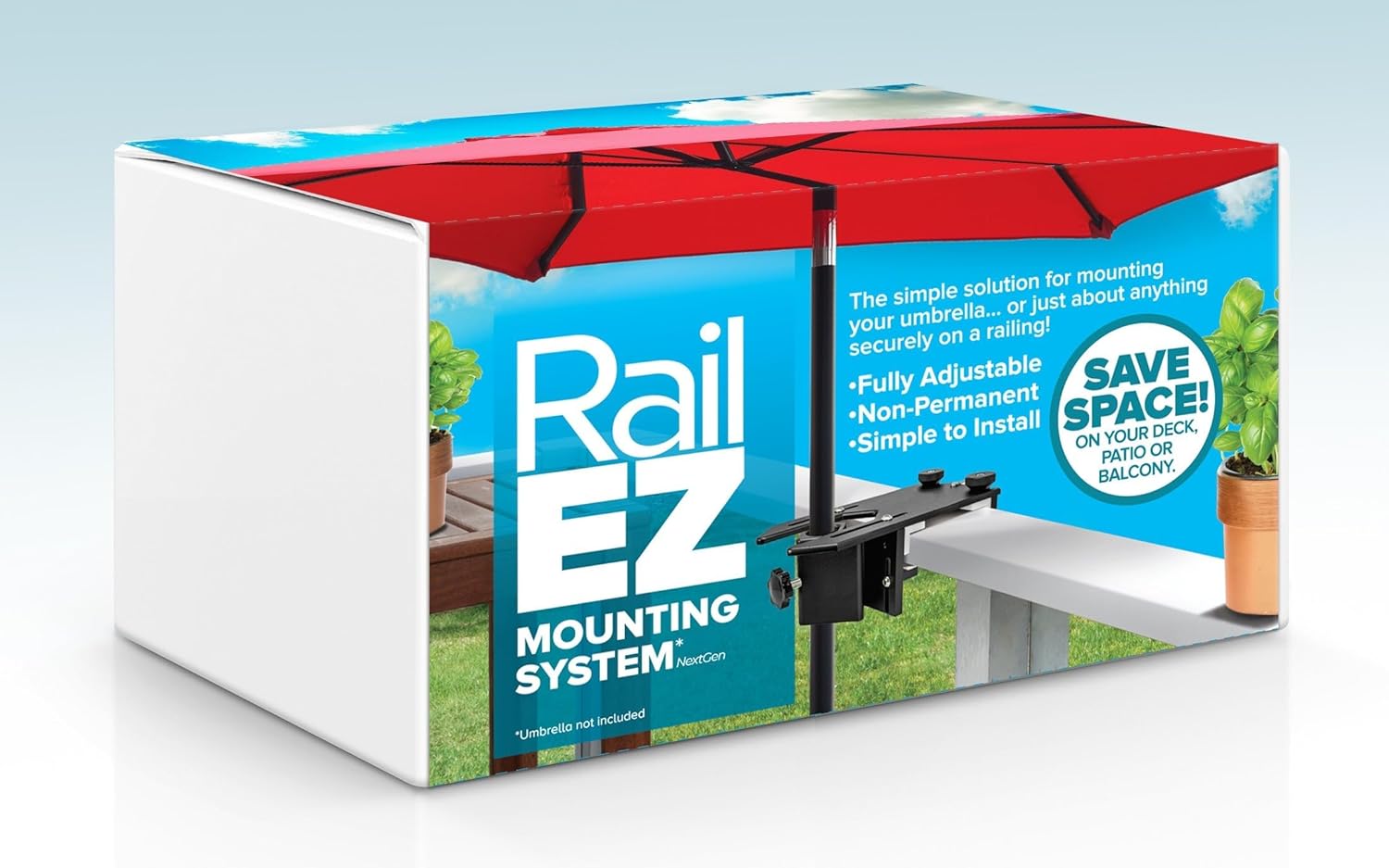Rail-EZ Front Loading Umbrella Mounting System, Non-Permanent Bracket Attaches to Deck and Balcony Railing for Patio Umbrellas and Holder for Shade Sail Poles (Black)