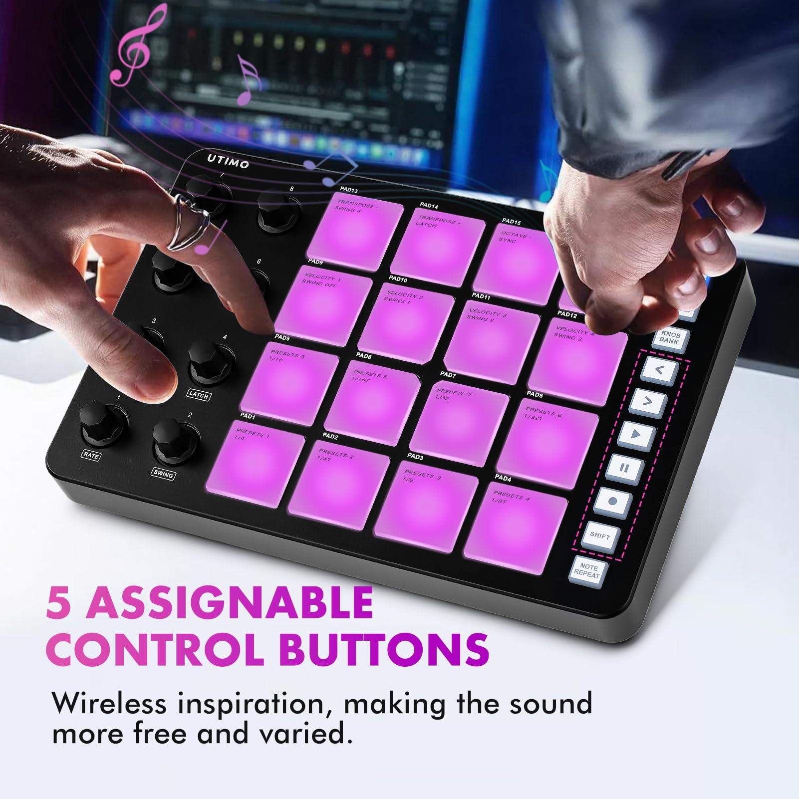Nikou 16-Tasten MIDI-Controller Percussion Pad, RGB Hintergrundbeleuchtung MIDI-Tastatur BT-Anschluss, 3,5mm Ausgang mit Geringer Latenz, Eingebaute Batterie (Schwarz)