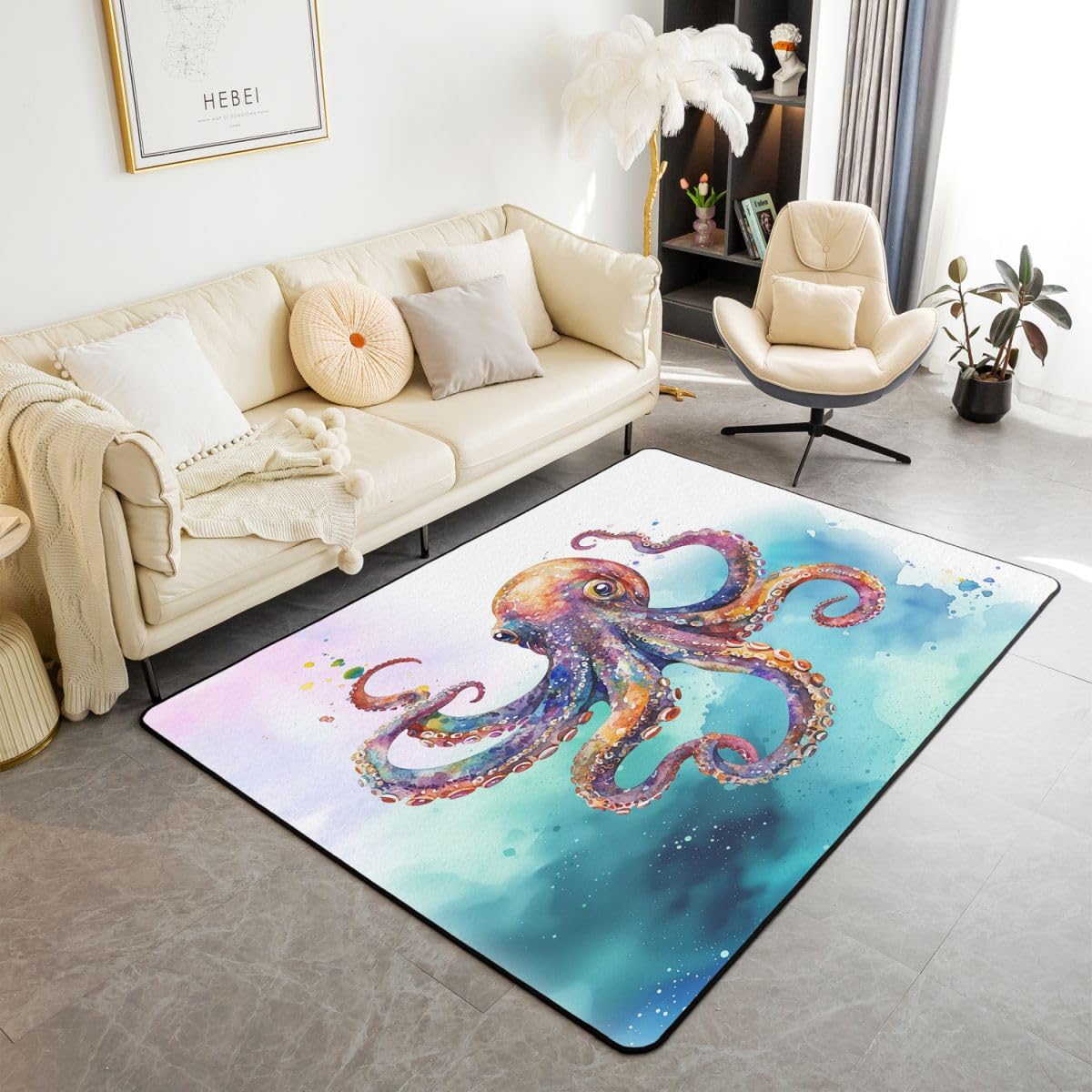 Homewish Oktopus Teppiche Wohnzimmer für Kinder Jugendliche Erwachsene Meeresleben Ozeantier Rug Pflegeleicht Ombre Lila Oktopus Teppich 150x200 Tentakel Carpet Living Room